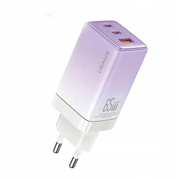 Síťová nabíječka Usams 2xUSB-C+USB-A 65W GaN Pd+qc Fast Charging fialová
