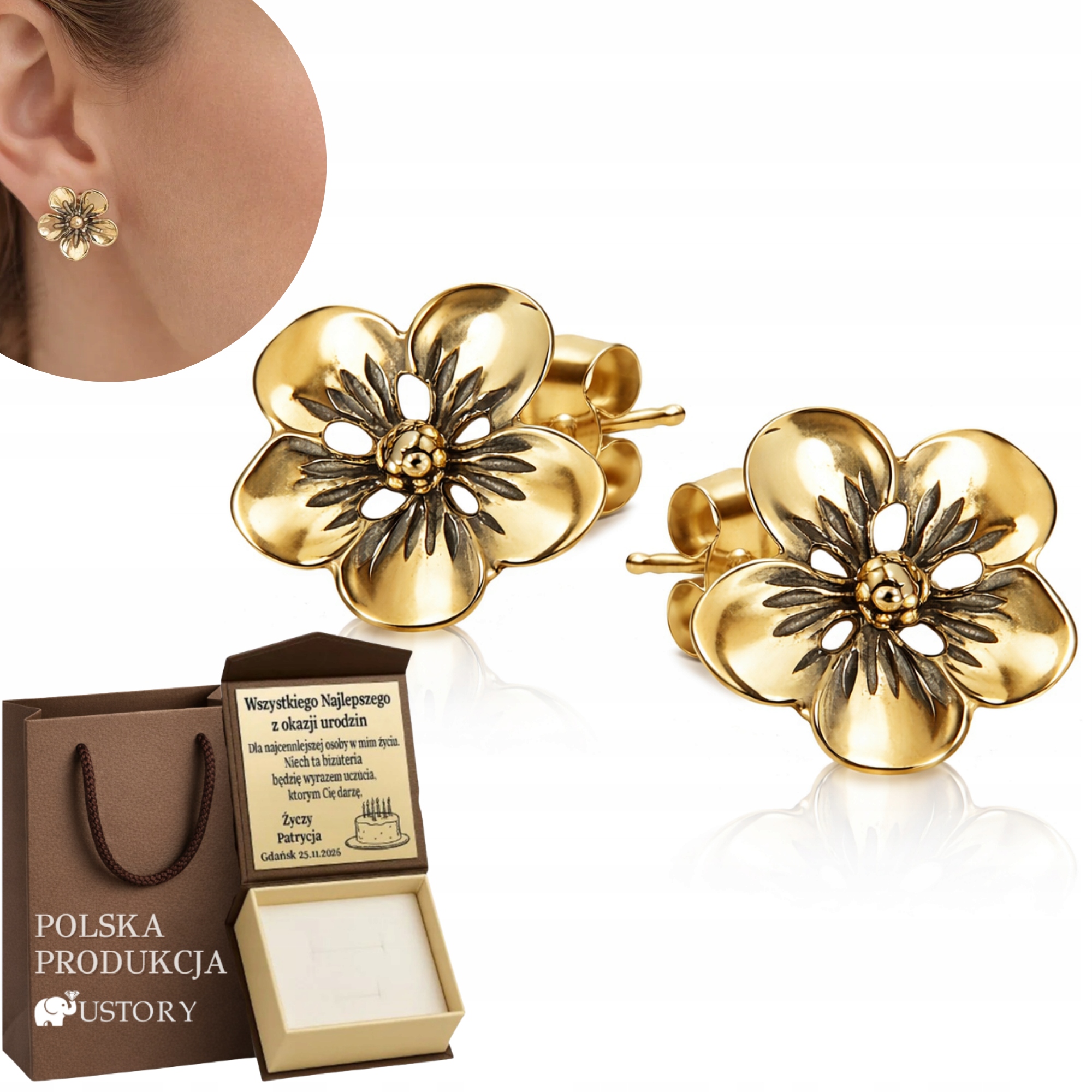Złote Kolczyki Kwiaty Oksydowane Pozłacane 925 Kwiatki Sztyft Grawer