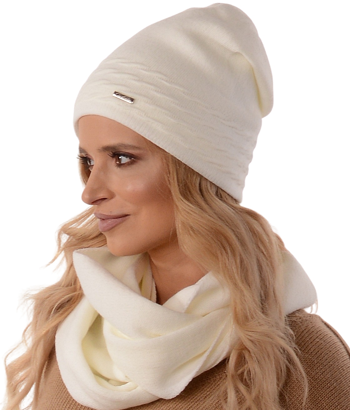 

komplet damski Czapka+komin na polarze Krem K1