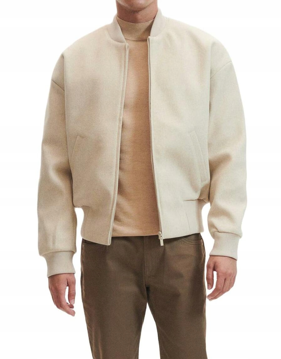 Beżowa Kurtka Bomberka Długi Rękaw Klasyczna Kieszenie Gładka L