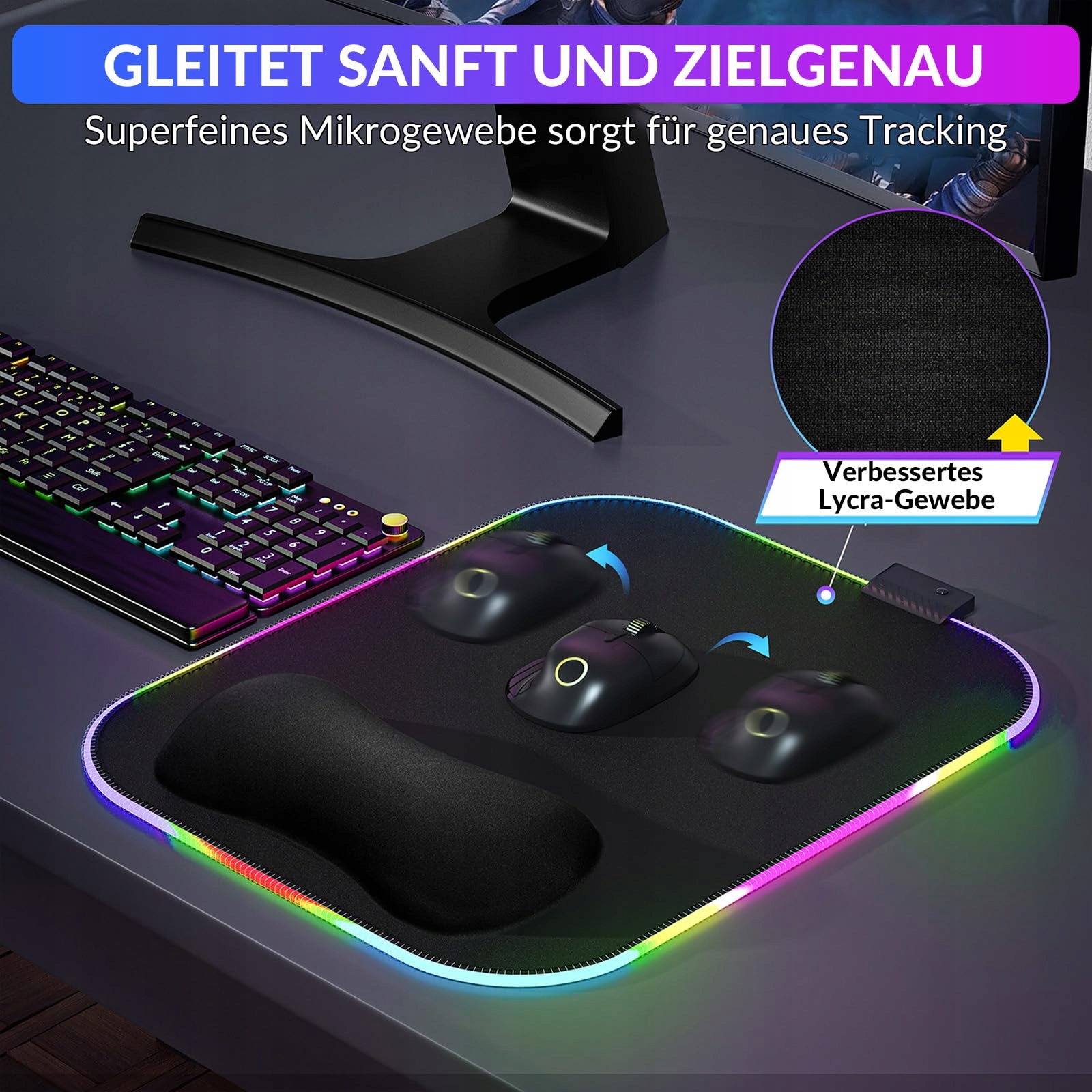 GIMARS Podkładka Pod Mysz RGB Gaming Z Podpórką Ergonomiczna Antypoślizgowa — miniatura 4