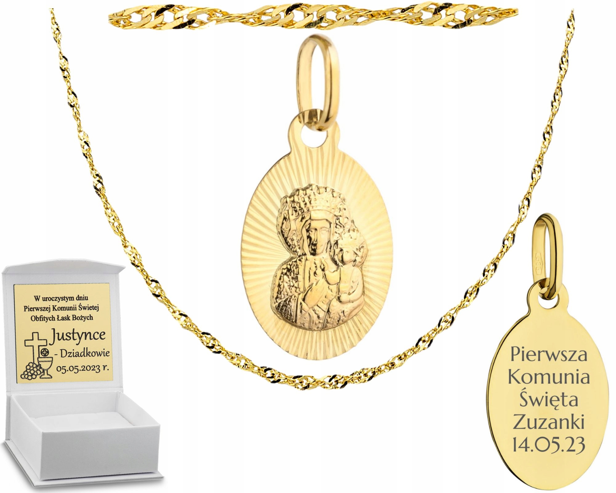 ZŁOTY ŁAŃCUSZEK Z MEDALIKIEM NA KOMUNIE 585