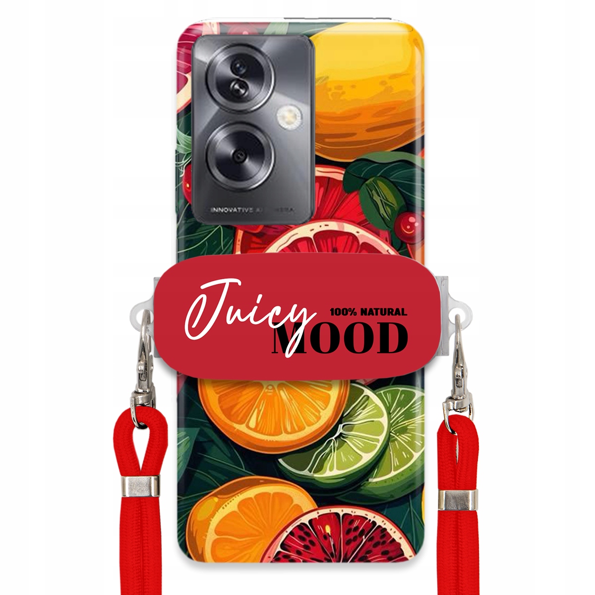 Pouzdro pro Oppo A79 5G Červené vodítko Crossbody+ Držák Módní Juice Mood Ovoce
