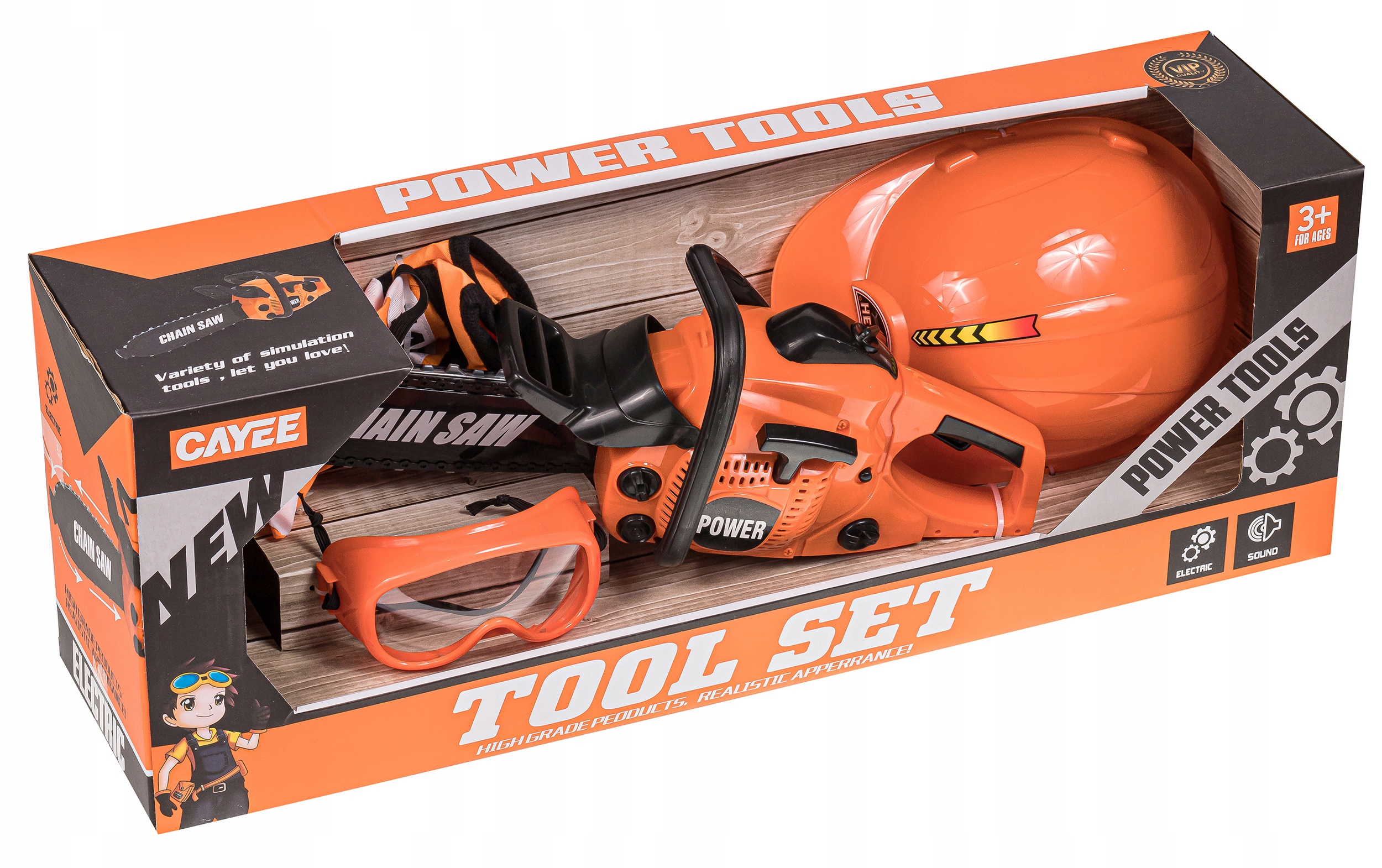 PIŁA ŁAŃCUCHOWA DLA DZIECI Z KASKIEM RĘKAWICAMI OKULARAMI ZESTAW DRWALA Stan opakowania oryginalne