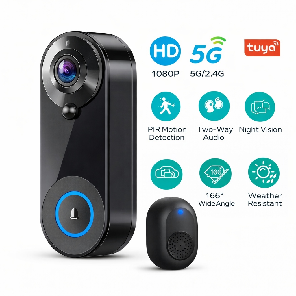 WiFi videozvonek Tuya, Full Hd 1080p, podpora 5G/2.4GHz, 16GB Sd karta, detekce pohybu Pir