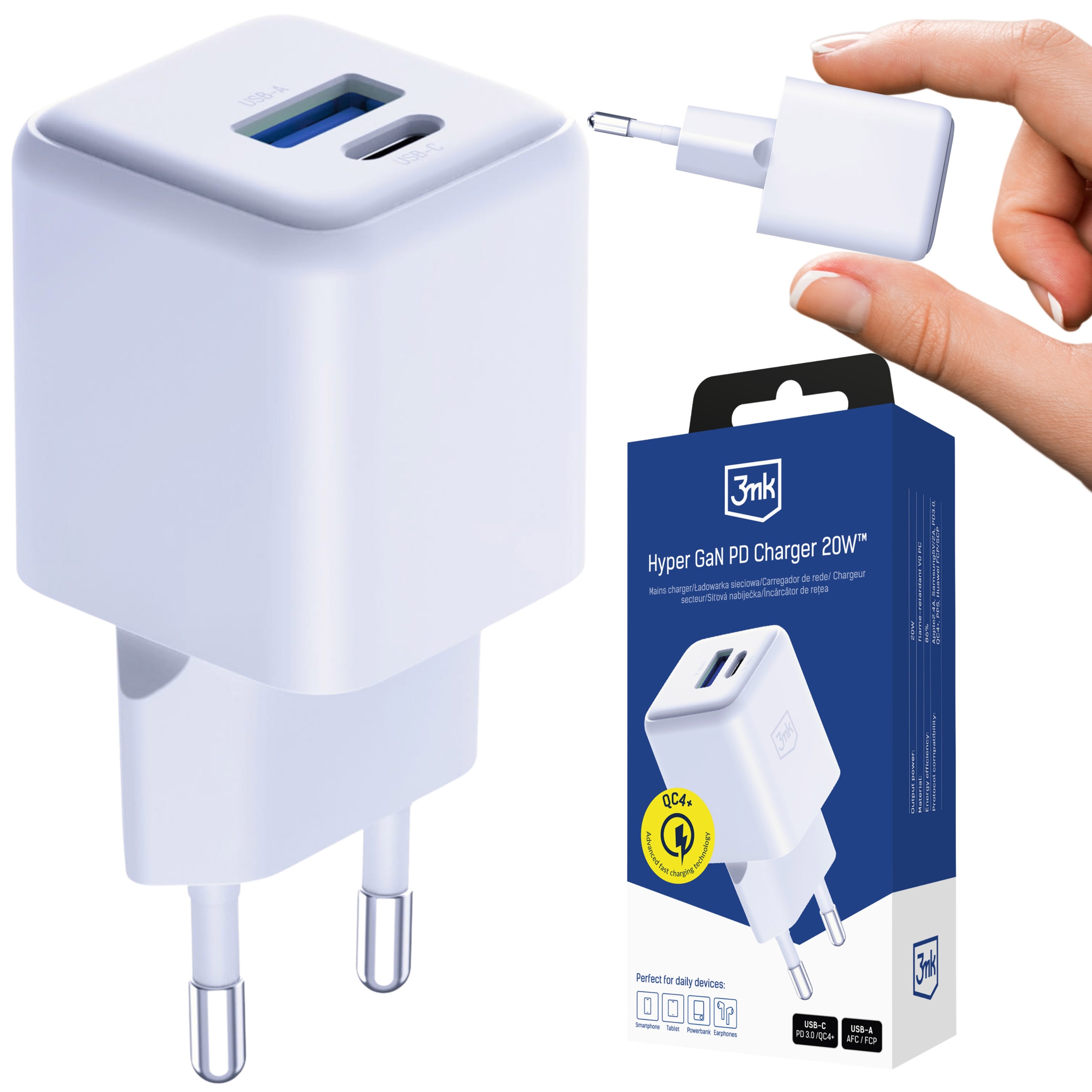 3MK Ładowarka sieciowa Hyper GaN 20W 1xUSB-A 1xUSB-C Pd QC4+ biała