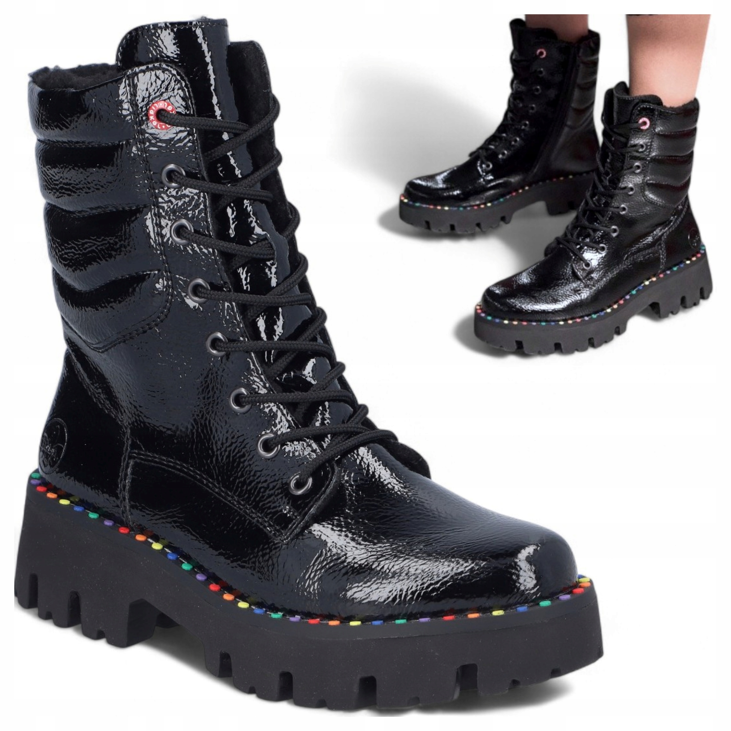 Rieker 39 Dámské Kotníkové Boty Zimní zateplené Workery Lakované Vysoké Černé