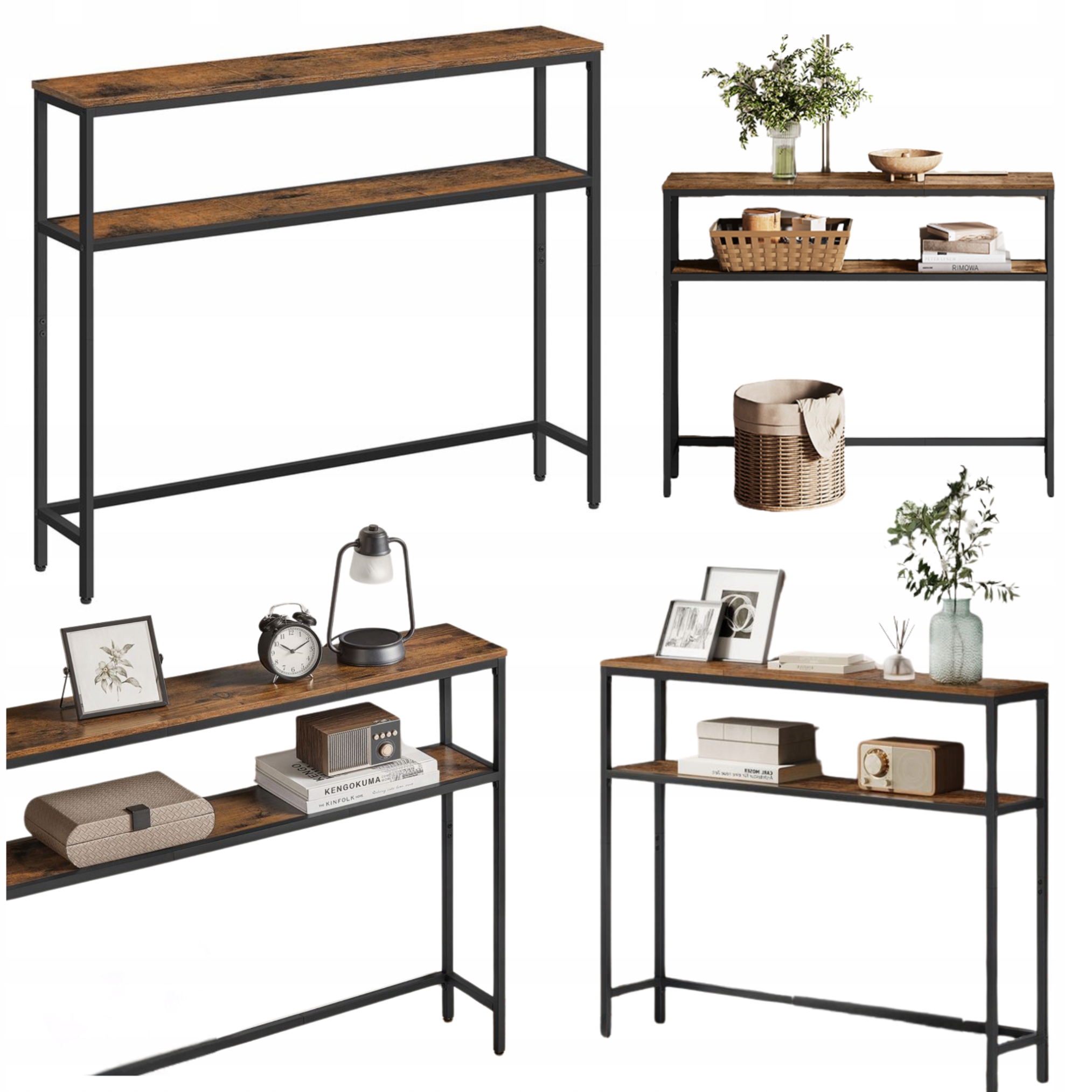 Úzky stolík Konzola 100 cm Loft Industriálny za pohovku Kov Drevo Bronz