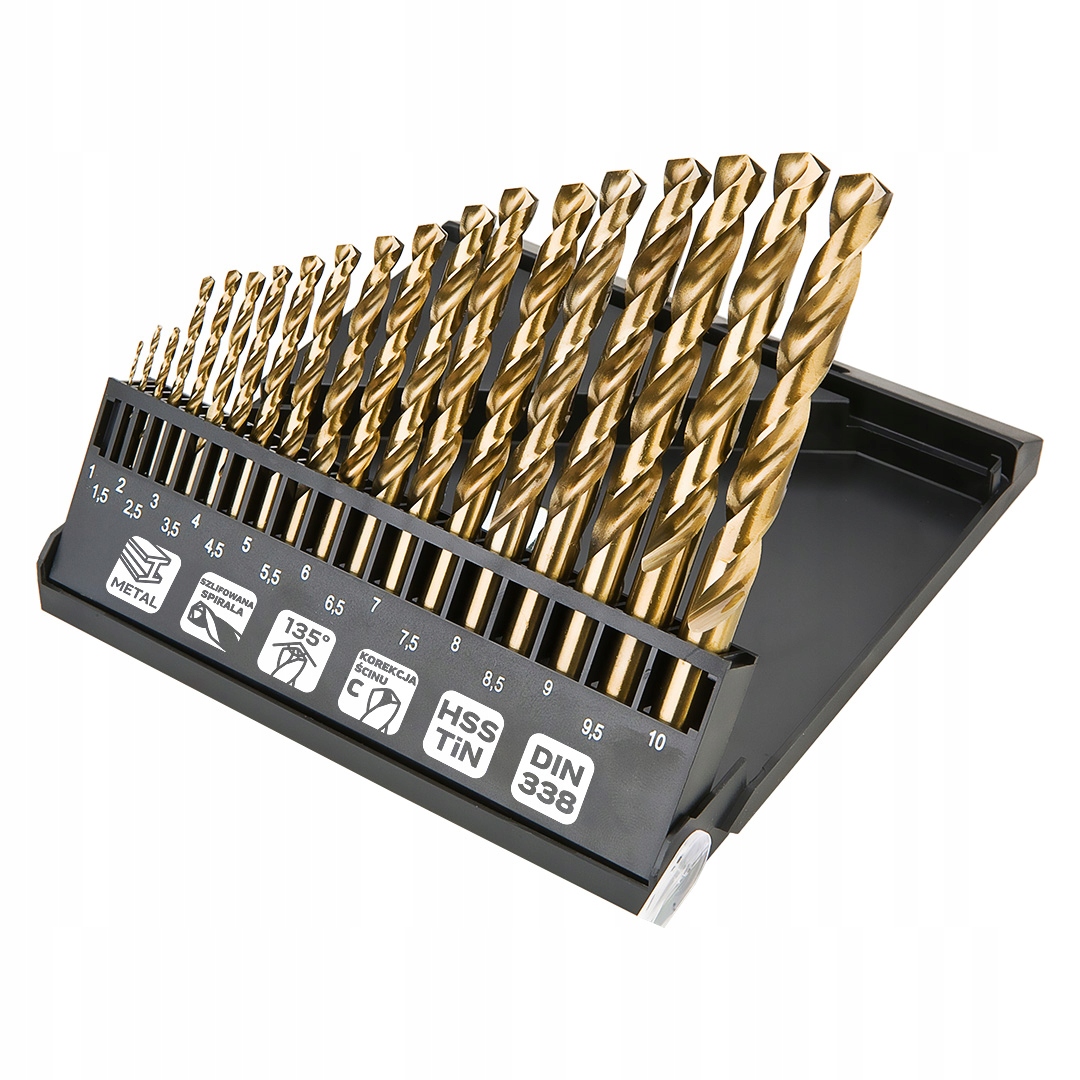Wiertła do metalu HSS-TiN 1.0-10.0 mm zestaw 19 szt. Neo Tools