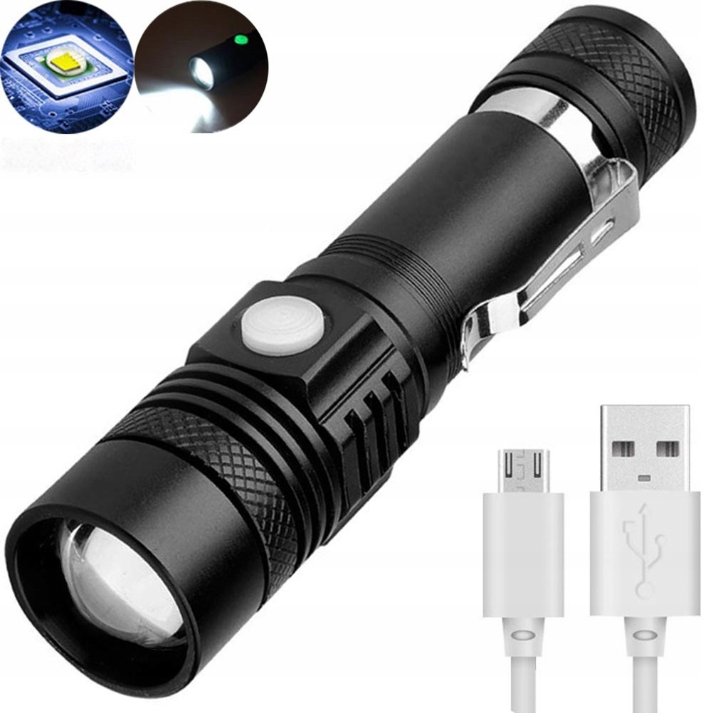 1 Szt. Latarka Usb Z Regulacją Zoom, Czarna, Do Turystyki I Wędkowania