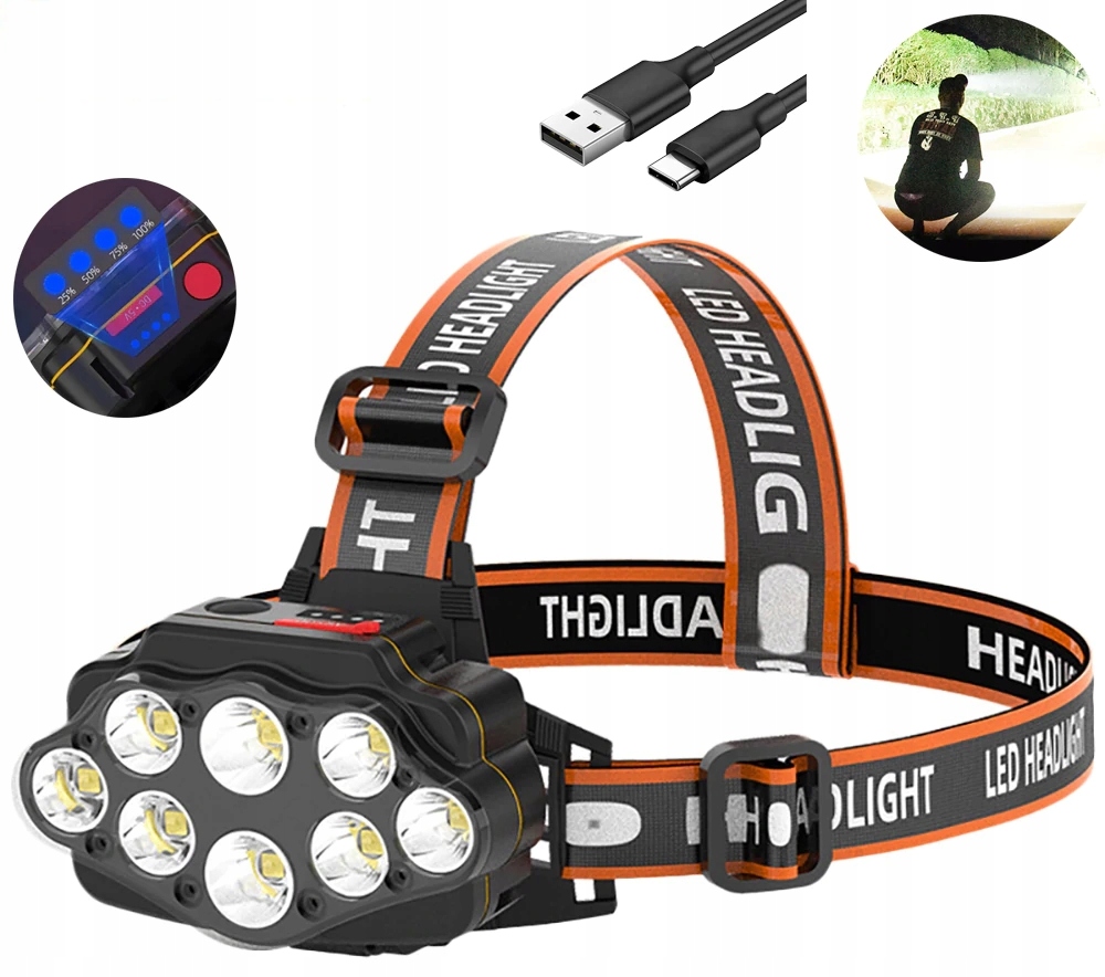 

Mocna Latarka Czołowa 8 Led Duży Akumulator