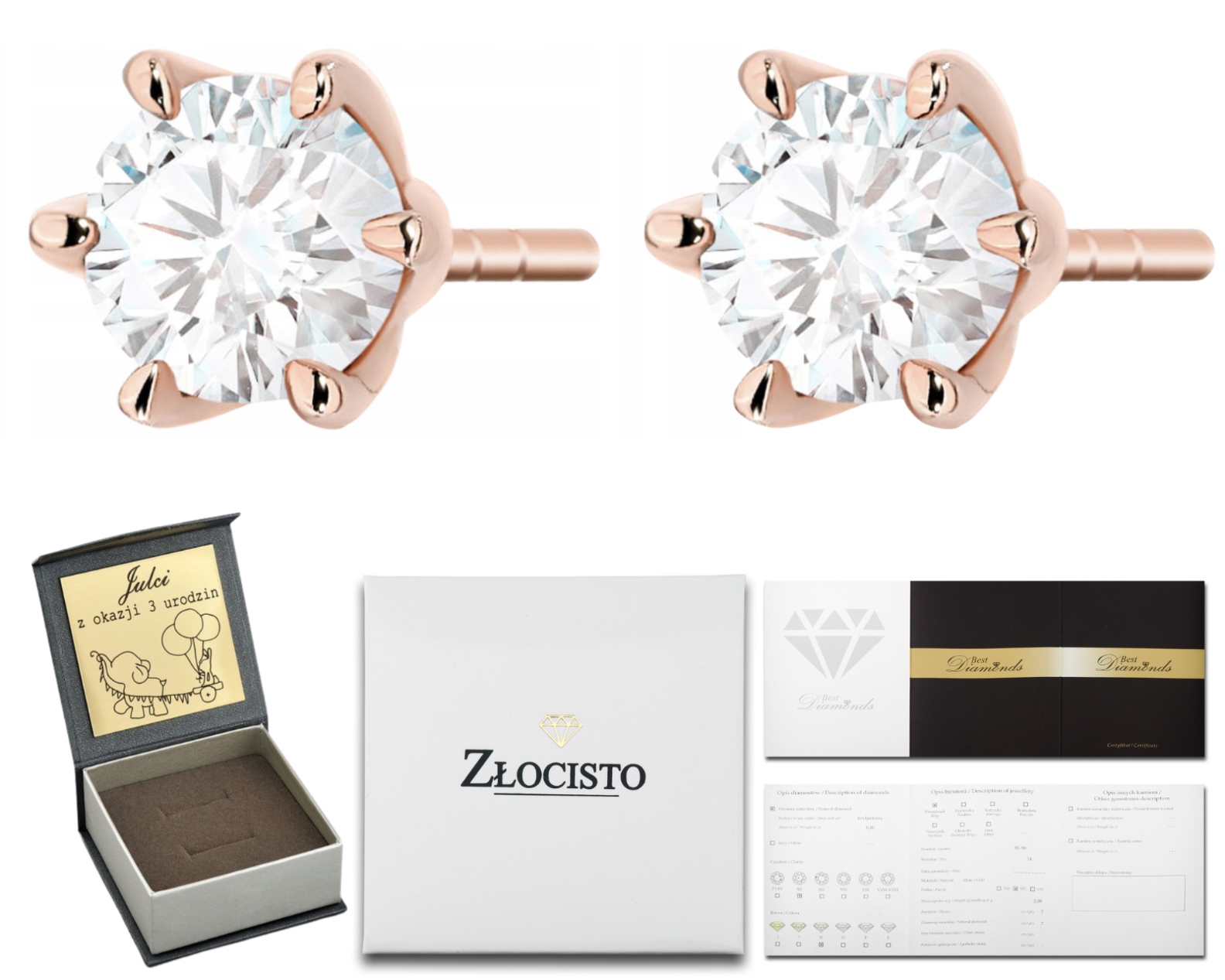 Náušnice S Diamanty Zlato 585 Růžové Gravírování Dárkové Dárek