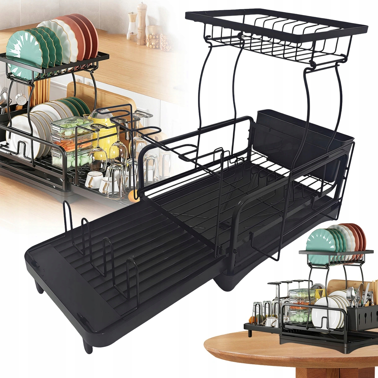 Odkapávač Na Nádobí Odkapávač Na Příbory Velký S Odtokem Dvouúrovňový Černý