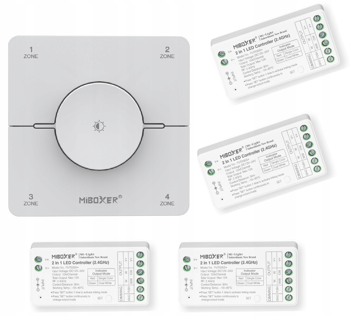 Zestaw Pilot Milight K0s 4 sekcje 4x sterownik FUT035S+ 2w1 Mono Cct