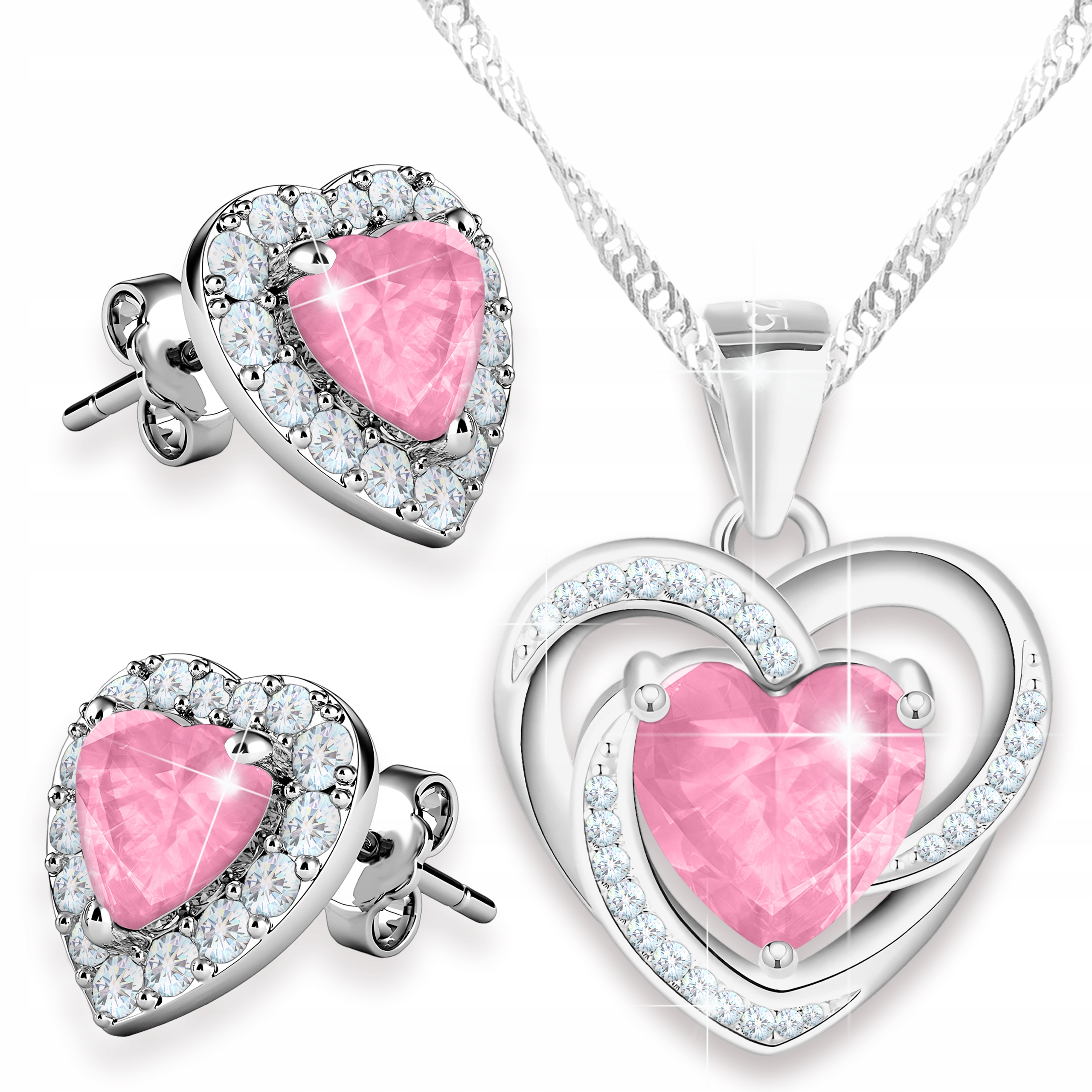 Sada stříbrných náhrdelníků a Náušnice Růžové křišťálové srdce Stříbro 925