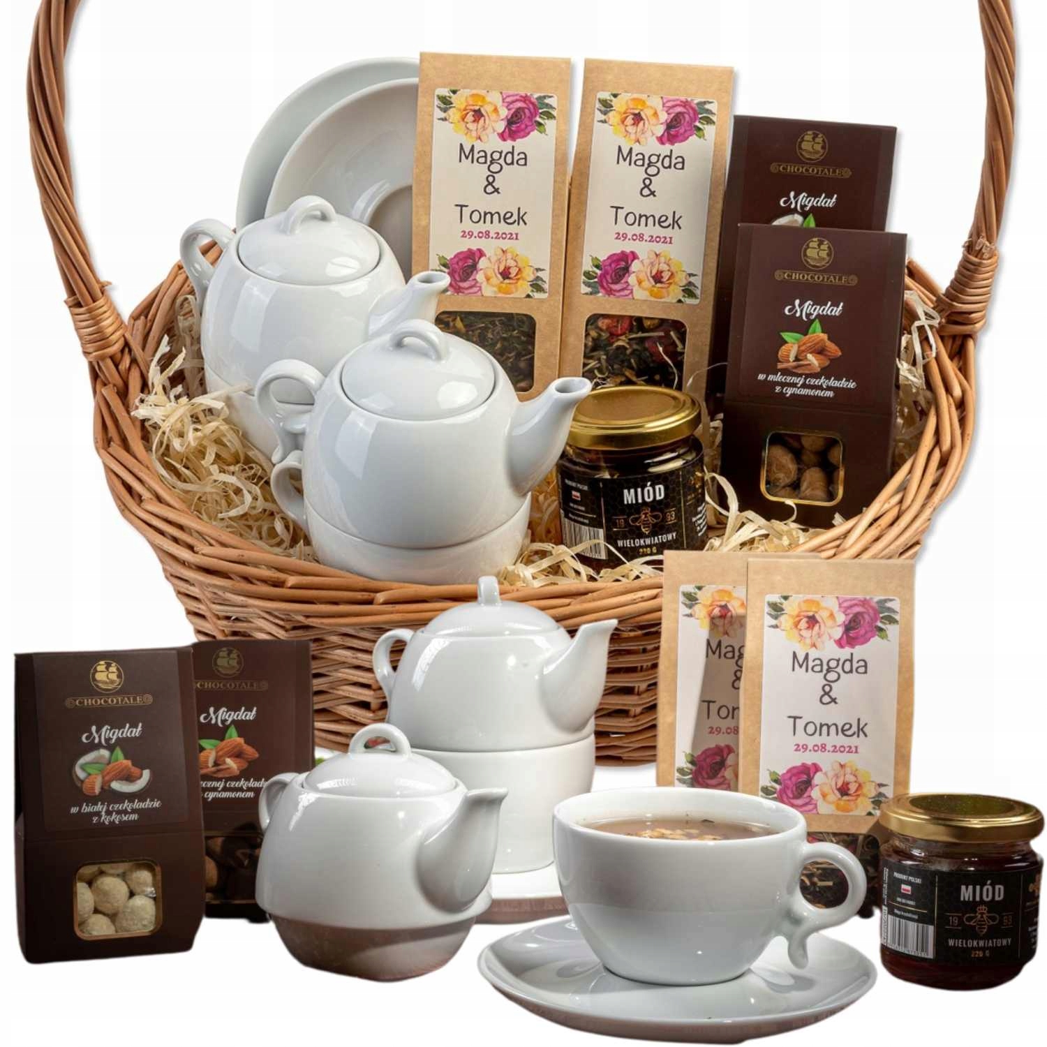 Kosz Prezentowy Duży Zestaw Herbat Dzbanek Miód Słodycze Na Urodziny Ślub