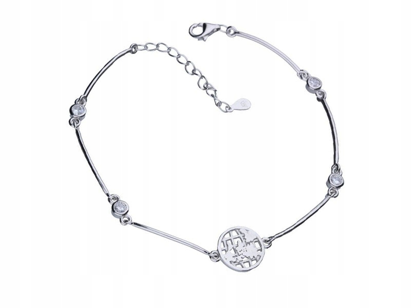 Stříbrný náramek 925, zeměkoule, zirkony, elegantní vzor jako dárek