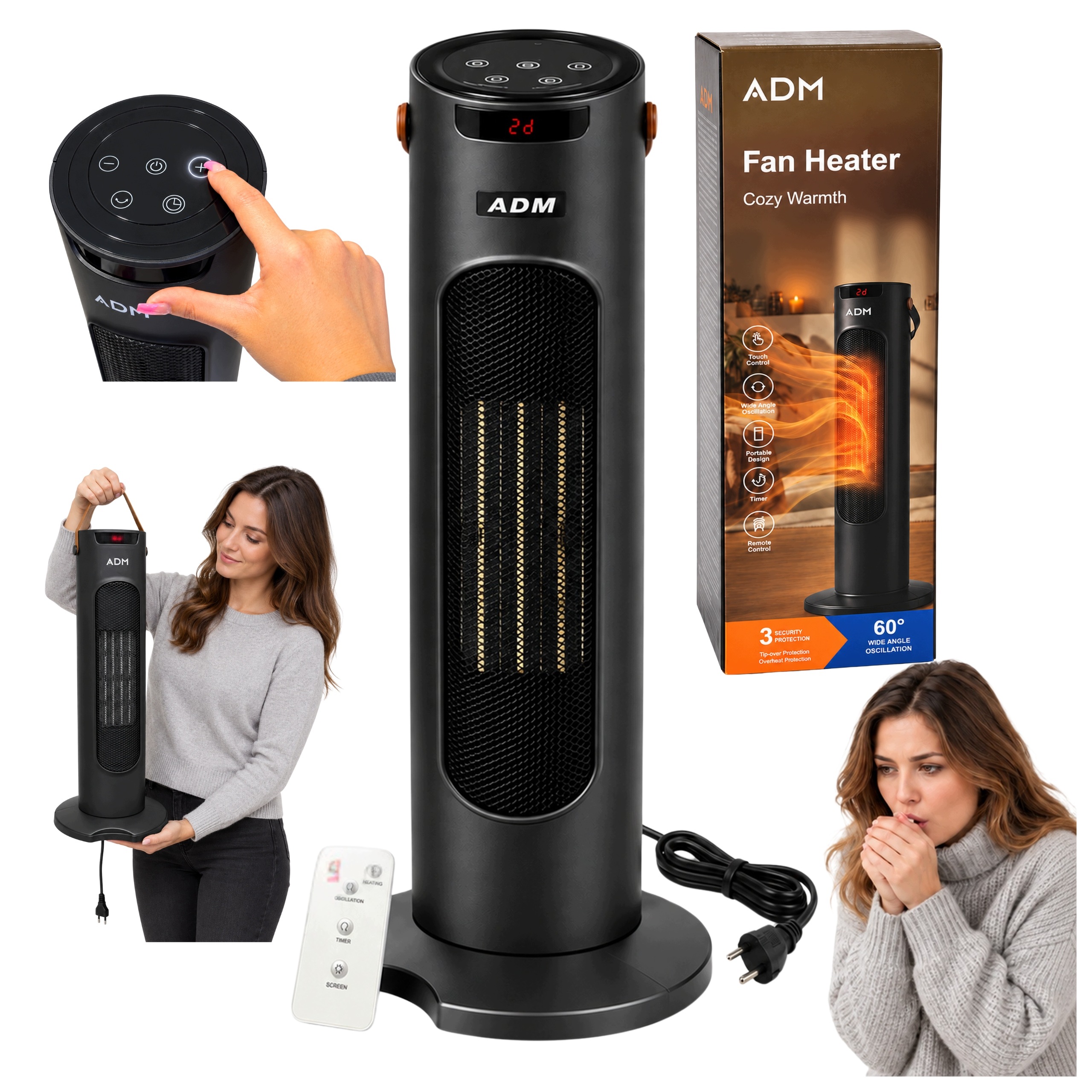 Keramický Ventilátor S Sloupovým Topením Farelka ADM1500W Dálkové Ovládání Sada