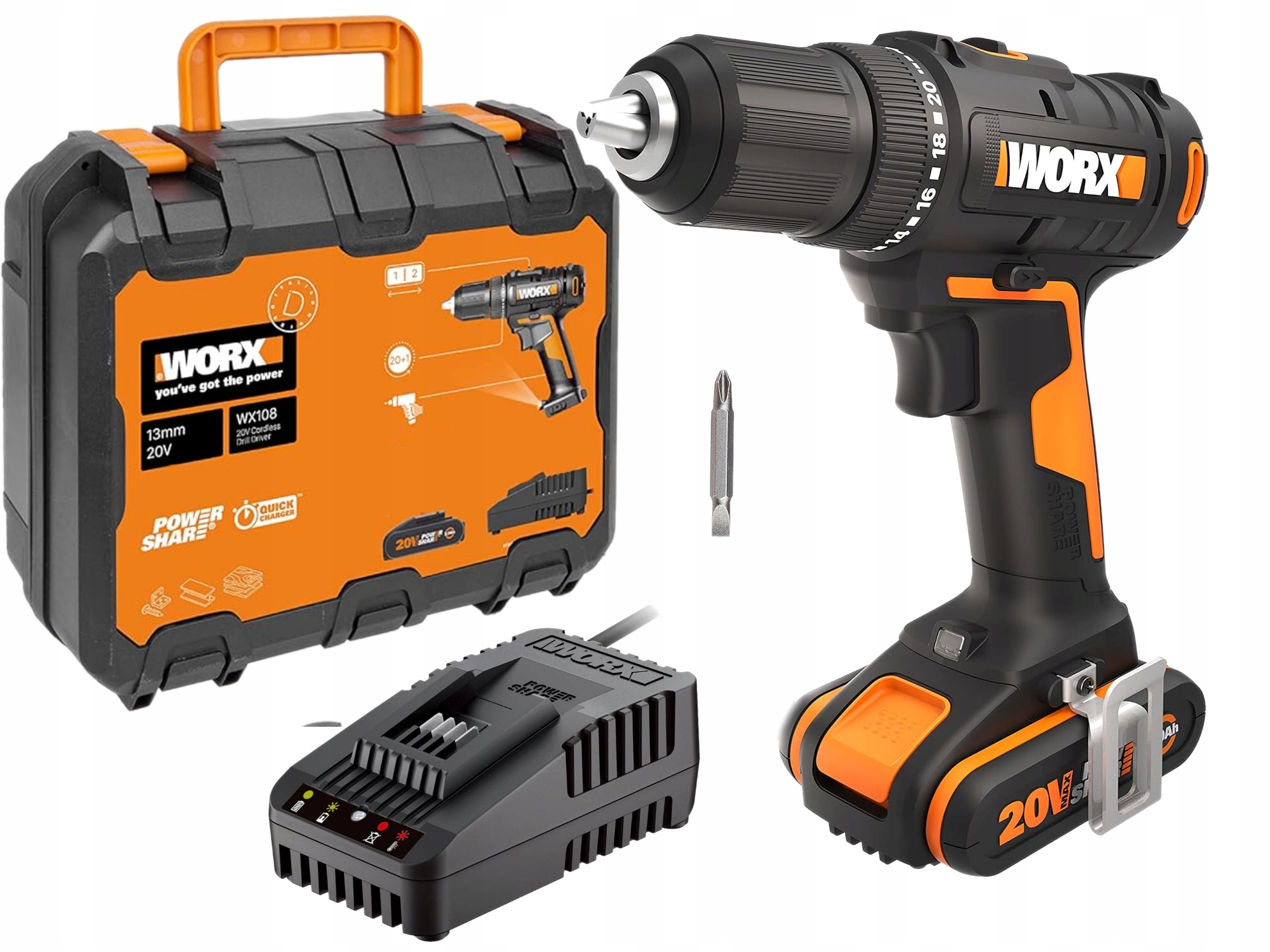 Wiertarko-wkrętarka Worx 20V WX108 45 Nm +akumulator +ładowarka Walizka