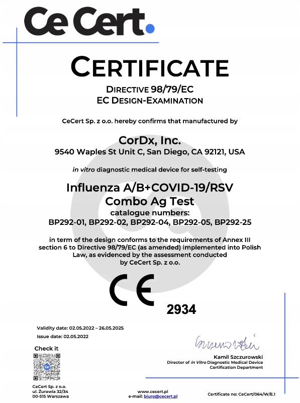 DOMOWY TEST COMBO COVID-19 GRYPA A+B RSV CordX 6szt Wyrób medyczny tak