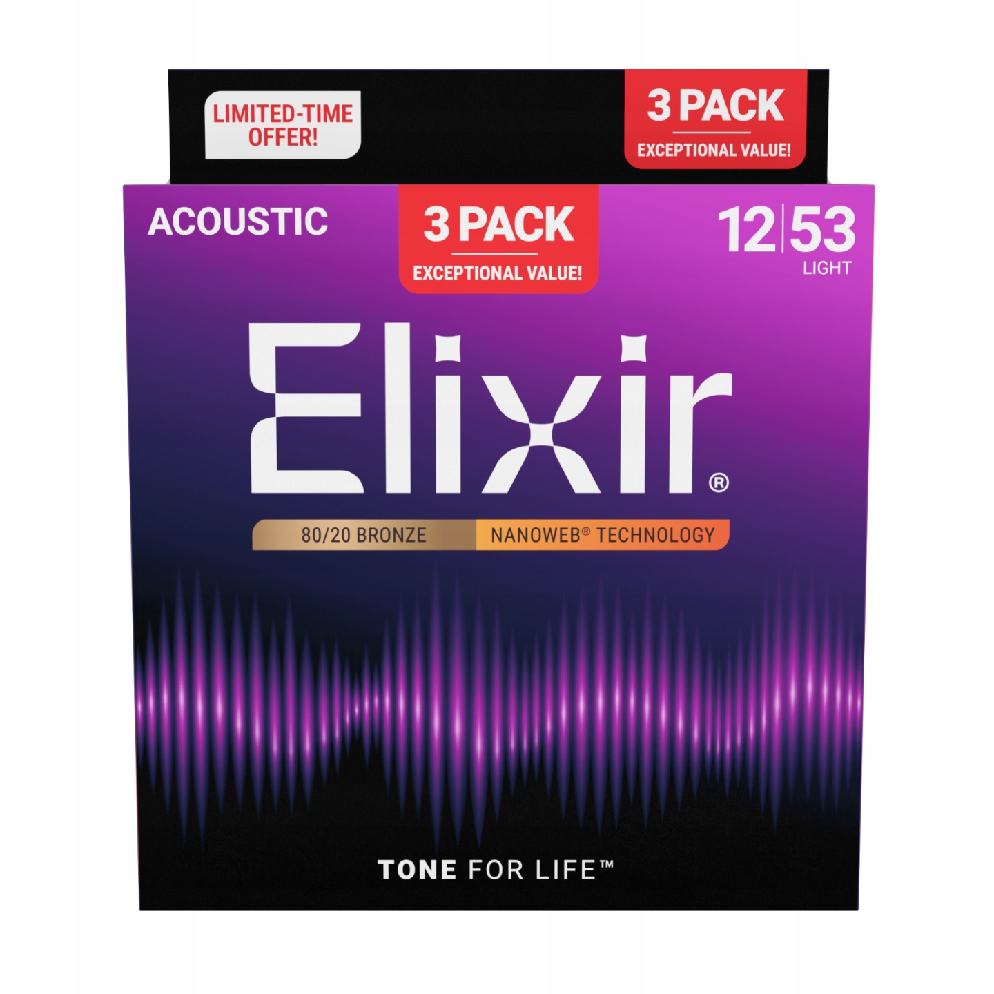 3PACK Struny Elixir NanoWeb 80/20 Bronze 12-53 Light New (16565)