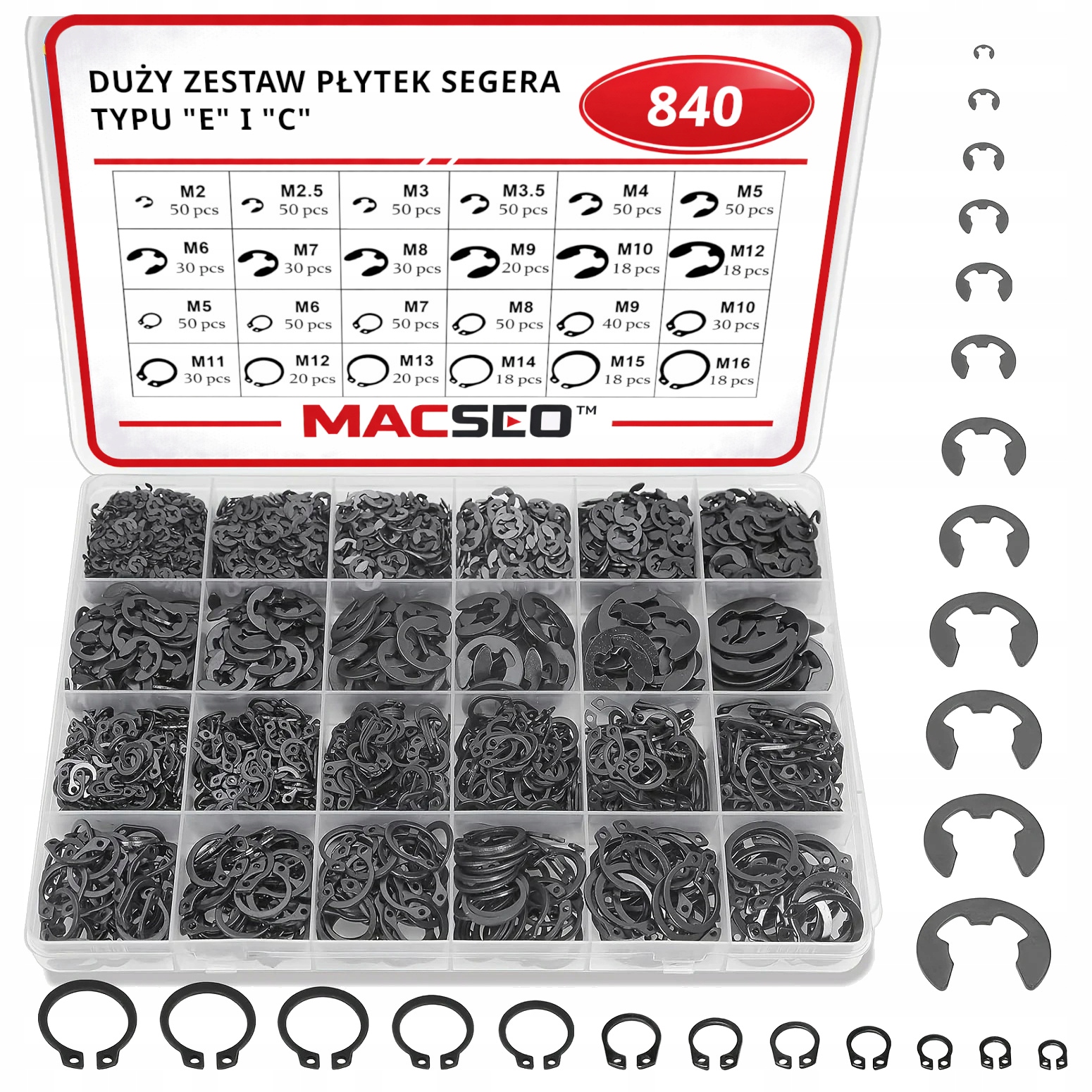 Set Segerových Pojistných Kroužků Typu C a E 840 Kusů Černé Macseo_pl