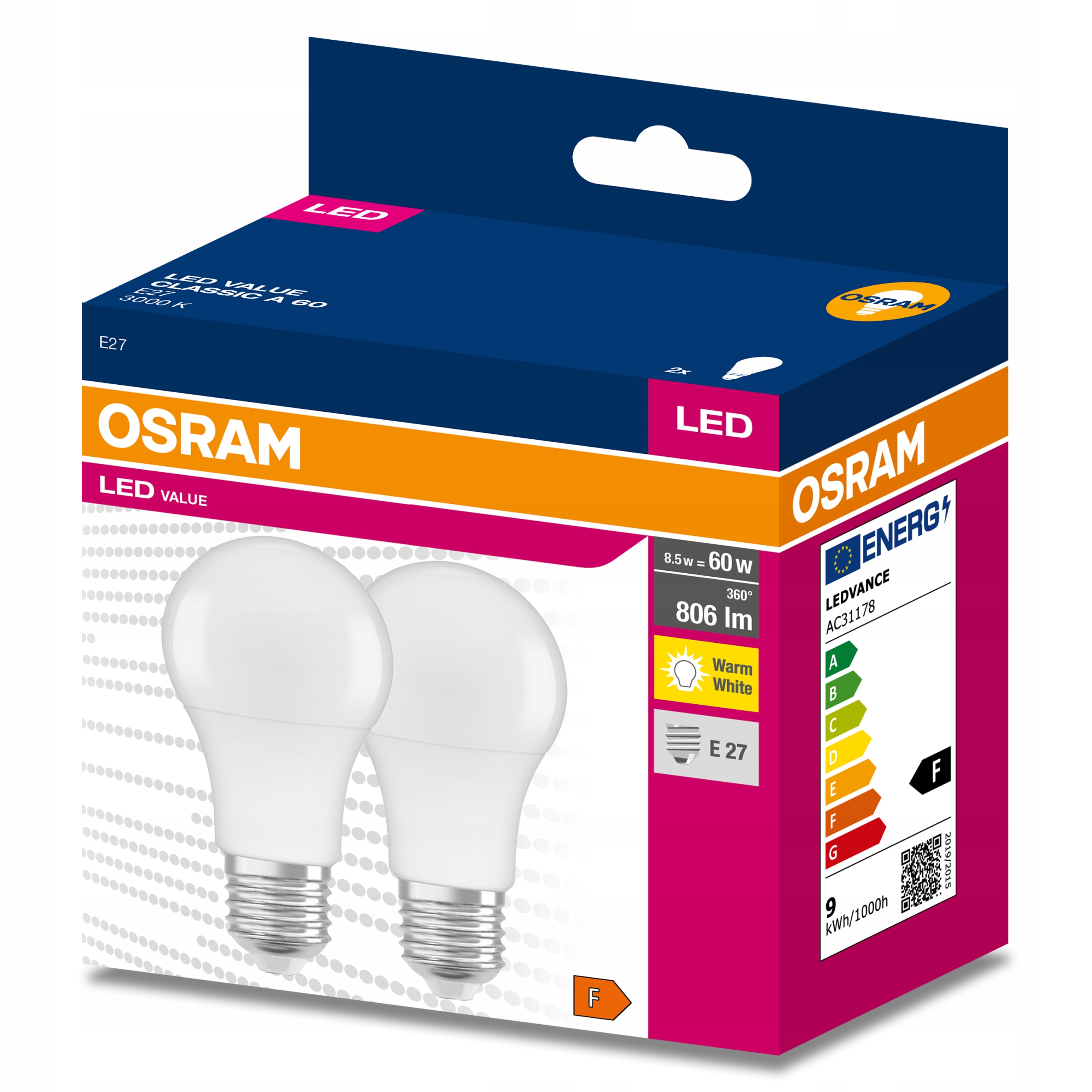 

2x Żarówka Led E27 A60 8,5W 60W 806lm 3000K Osram