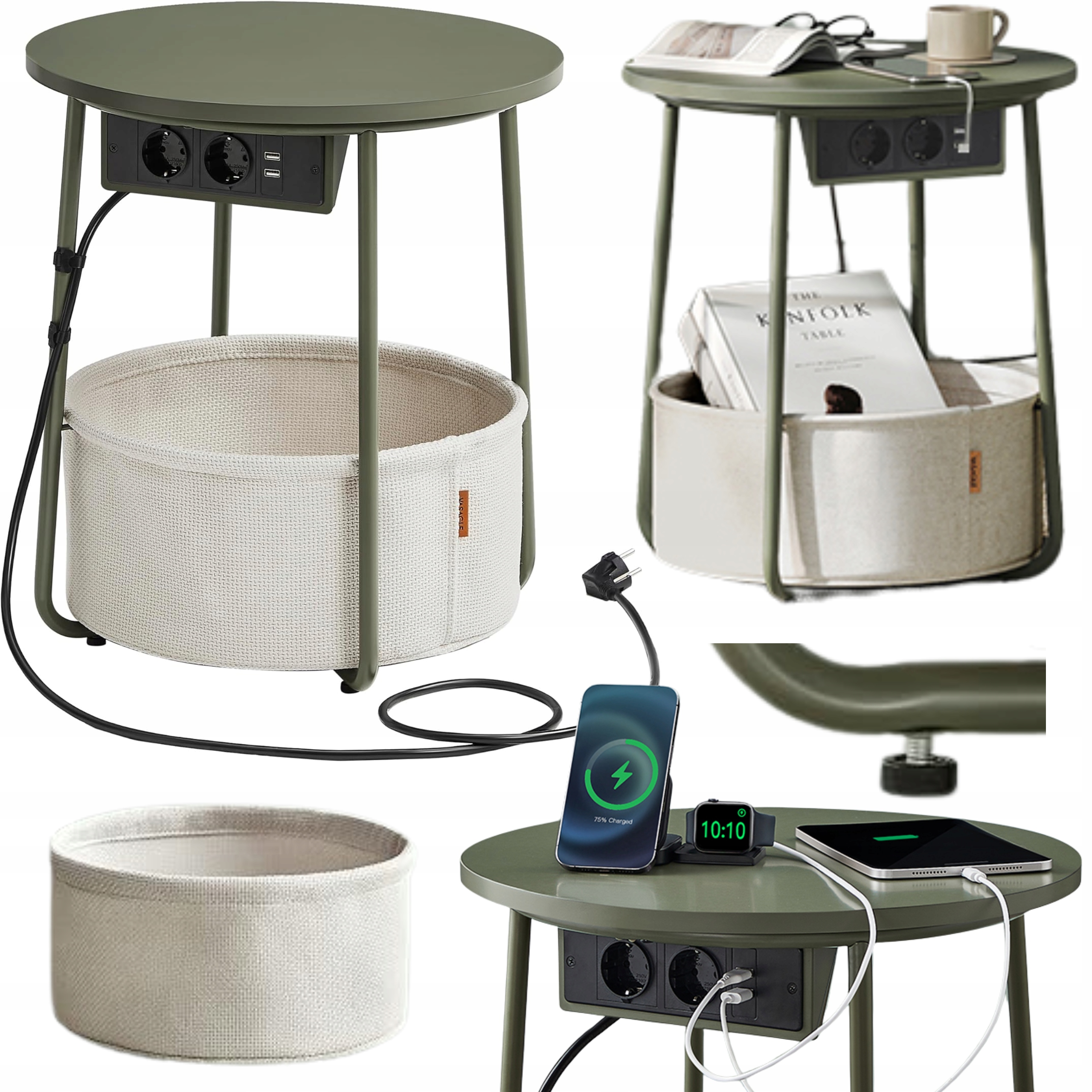 Kulatý noční stolek s nabíjecí stanicí a Usb zásuvkou a košem na noviny