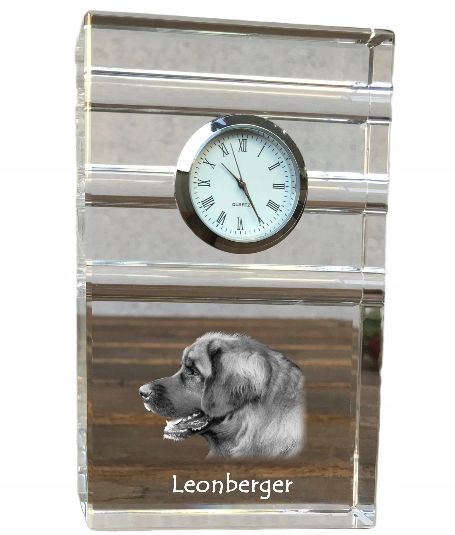 Leonberger krištáľové stolové hodinky so psom, s vašou fotografiou, suvenír