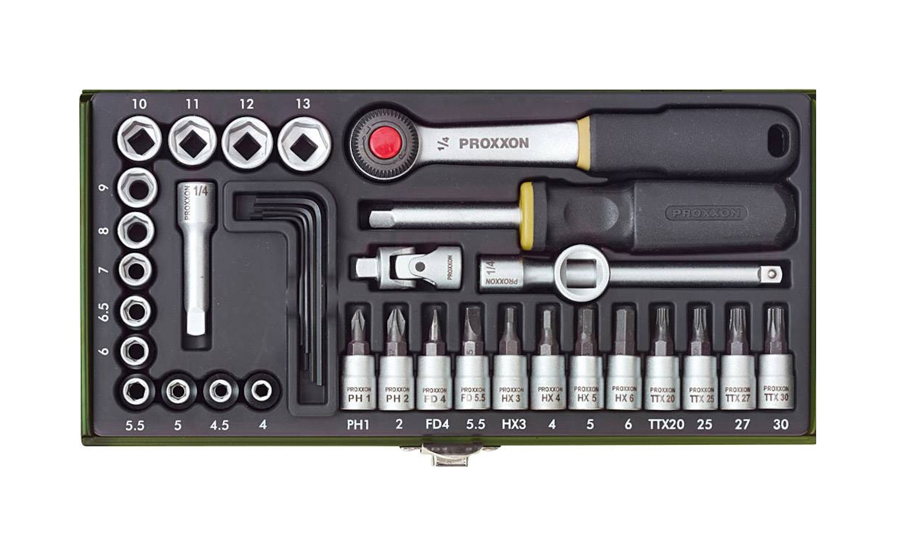 Zestaw kluczy nasadowych dla mechanika 1/4'' 36el w kasecie PR23080 Proxxon