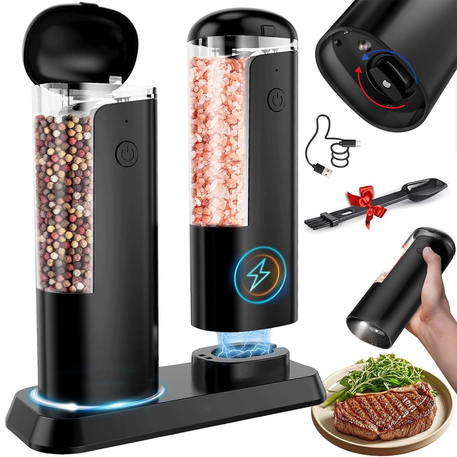 2 X Elektrický Výkonný Mlýnek Na Pepř A Sůl Jako Dárek S Nabíjecí Stanicí