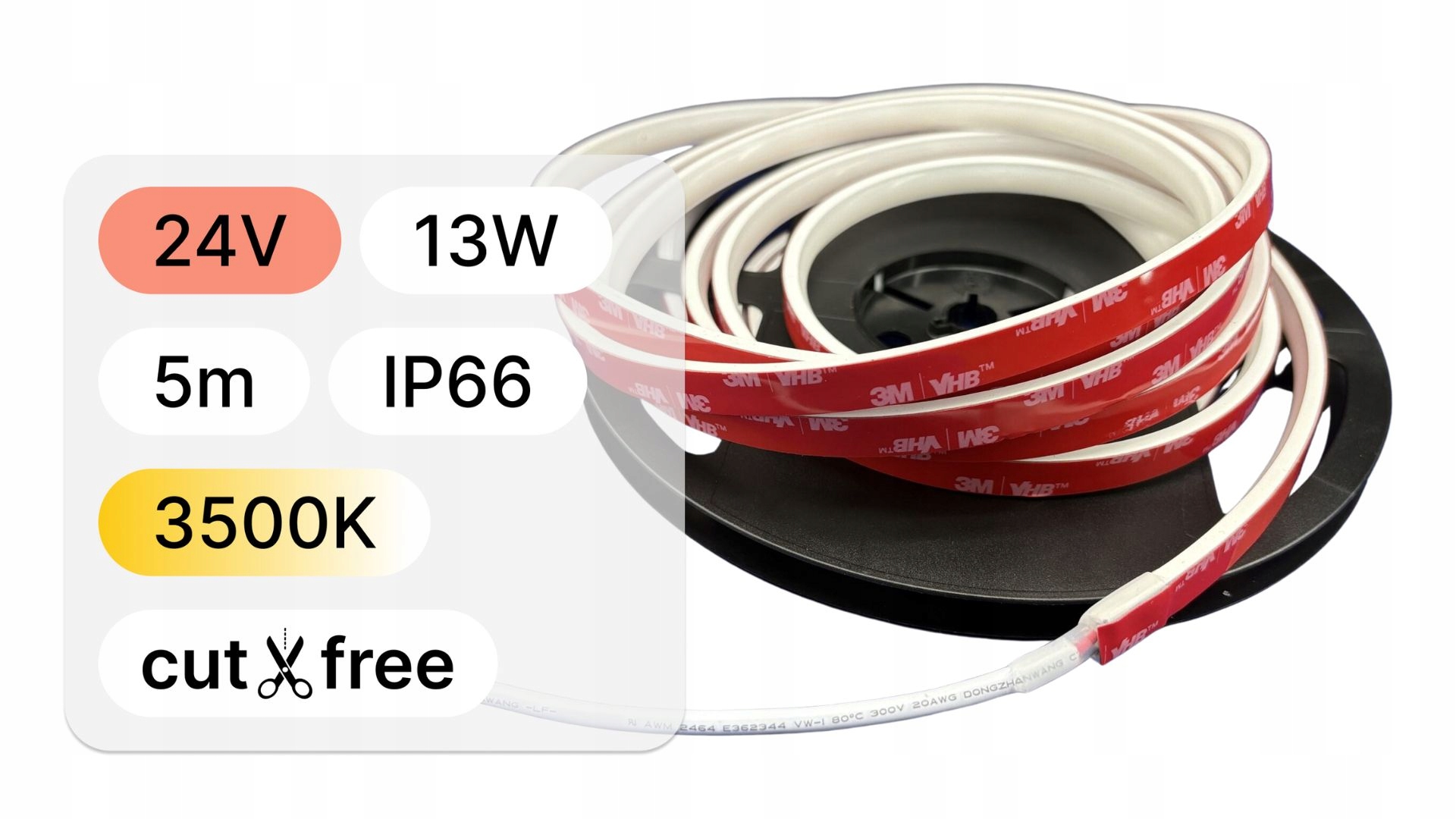 Led pásek 24V 5mb Cob freecut 13W IP66 3500K řezání kdekoli