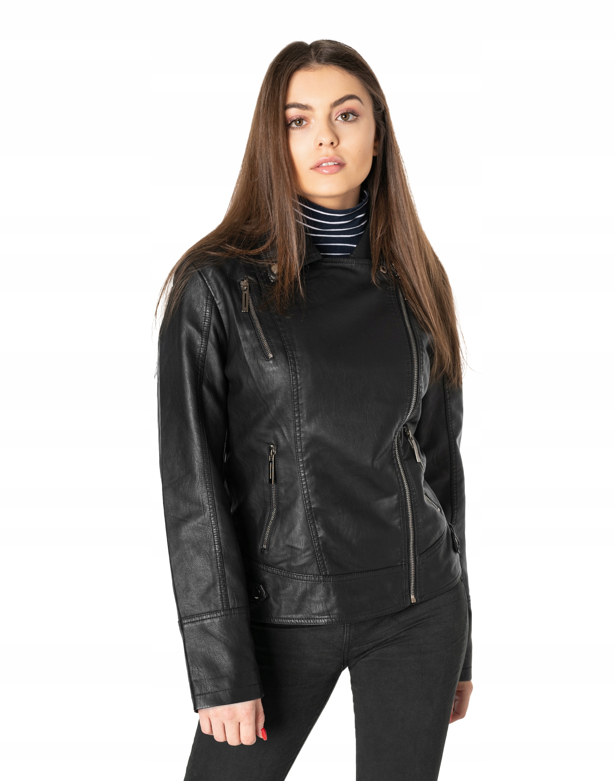Kožená dámská bunda Ramoneska Krátká s zipy Černá Eko kůže 298 5XL