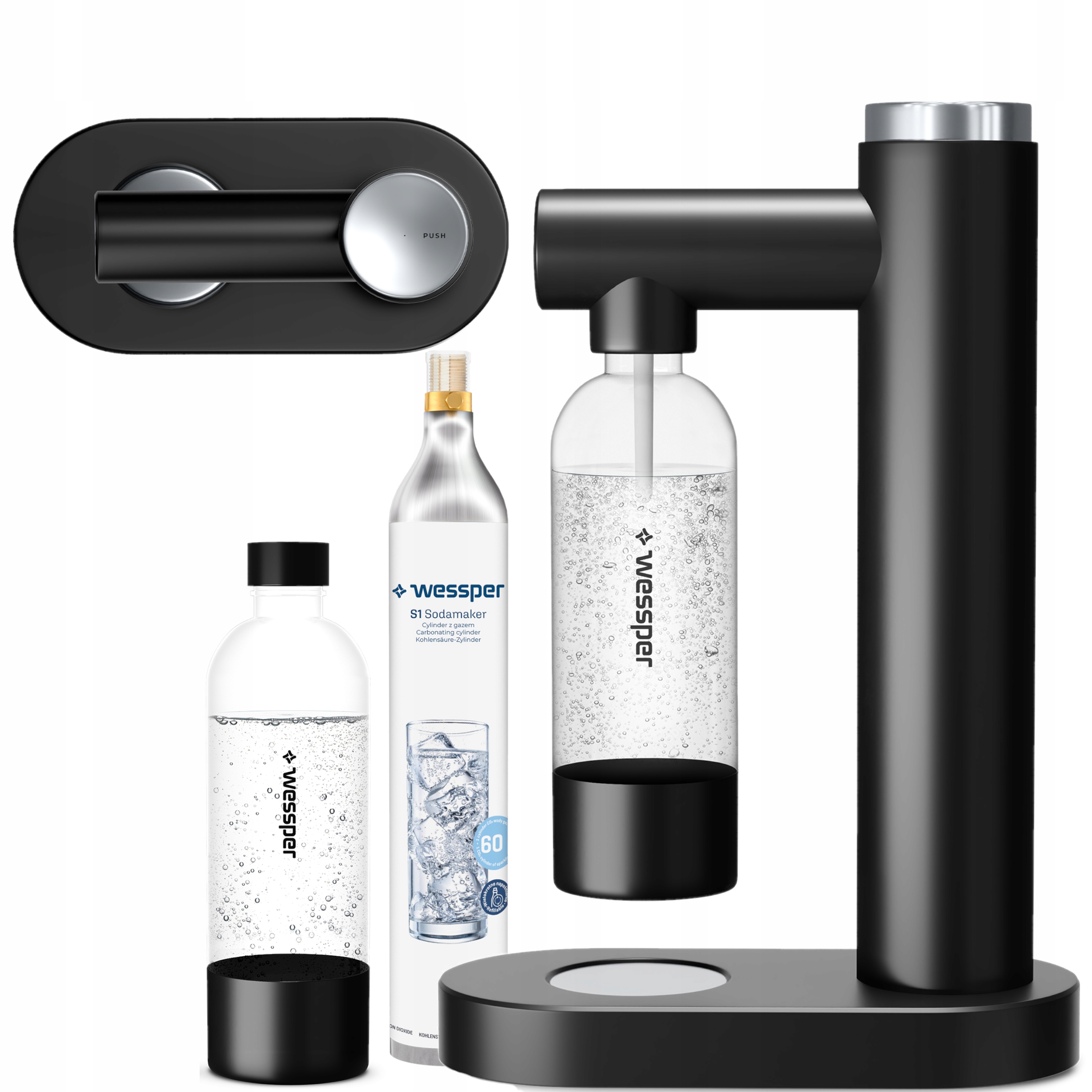 Výrobník Sody Wessper Soda Maker černý na sycení vody bombička CO2 láhev