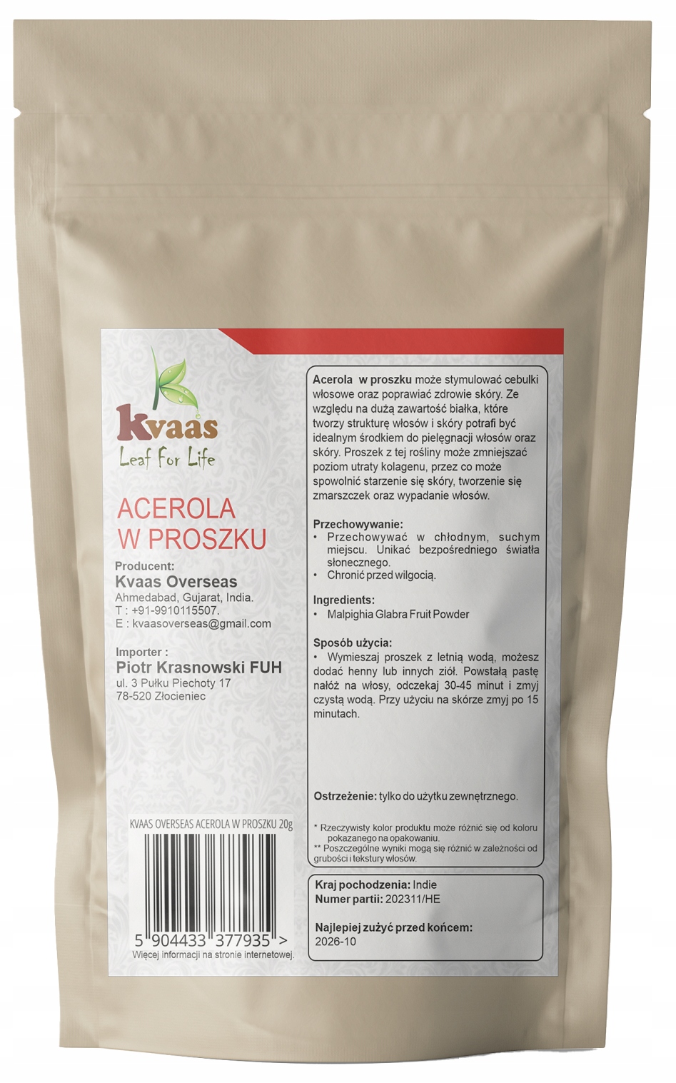 KVAAS ACEROLA W PROSZKU NATURALNA WITAMINA C PROSZEK 20g Marka inna marka
