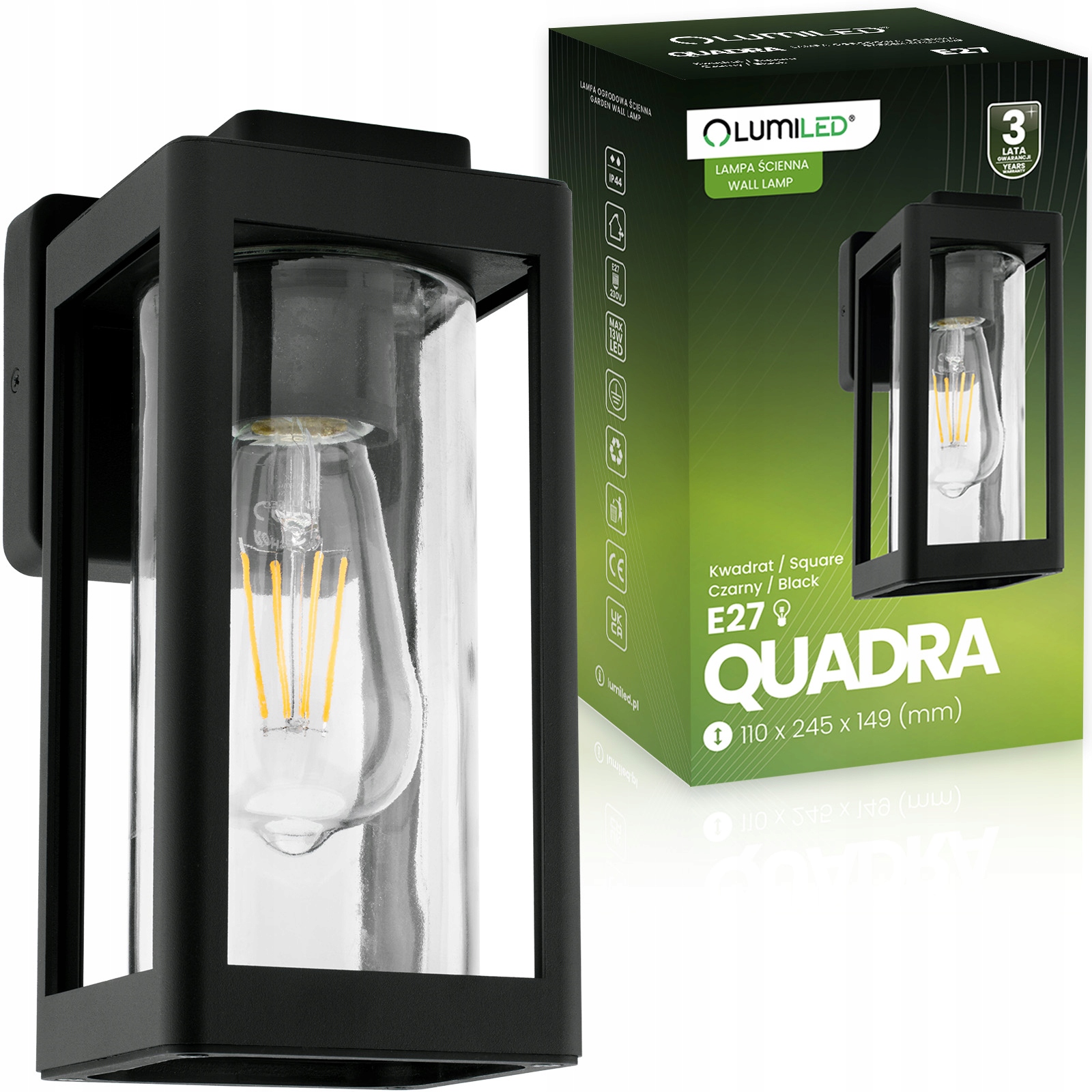 Kinkiet Ogrodowy Elewacyjny Zewnętrzny Lampa E27 Quadra Lumiled