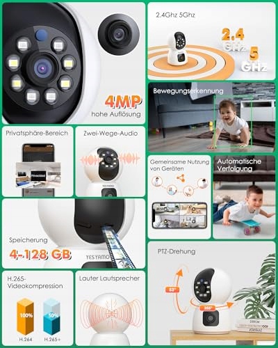 YESYAMO Kamera Wewnętrzna 4MP 360° PTZ Dualna 5Ghz WiFi Niania Audio — miniatura 8