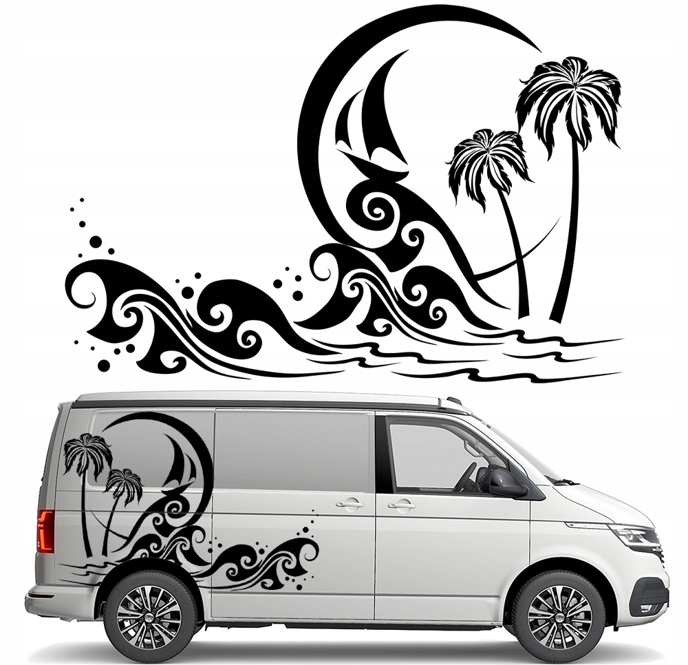 Samolepka Grafika na karavan Loď Palmy Pláž Vlny 90x133