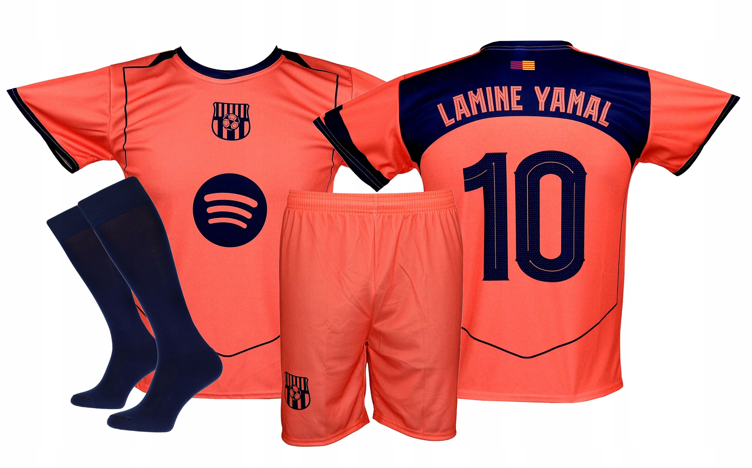 Lamine Yamal Barcelona strój koszulka spodenki getry Orange roz. 116
