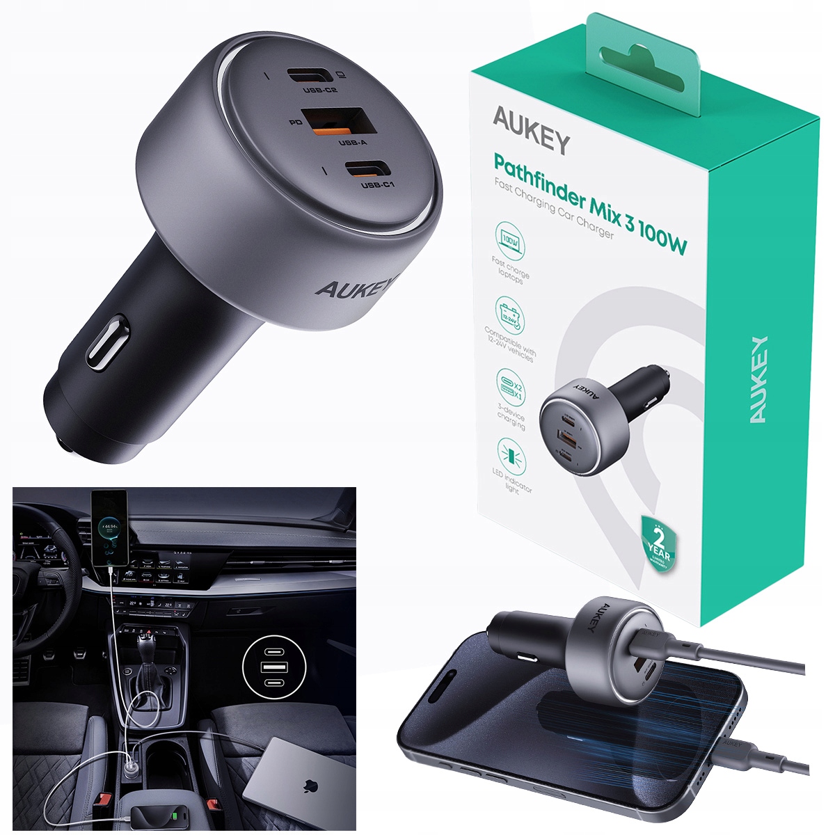 Rychlonabíječka automobilová Aukey CC-P3 Pathfinder 100W 2x Usb-c 1x Usb-a