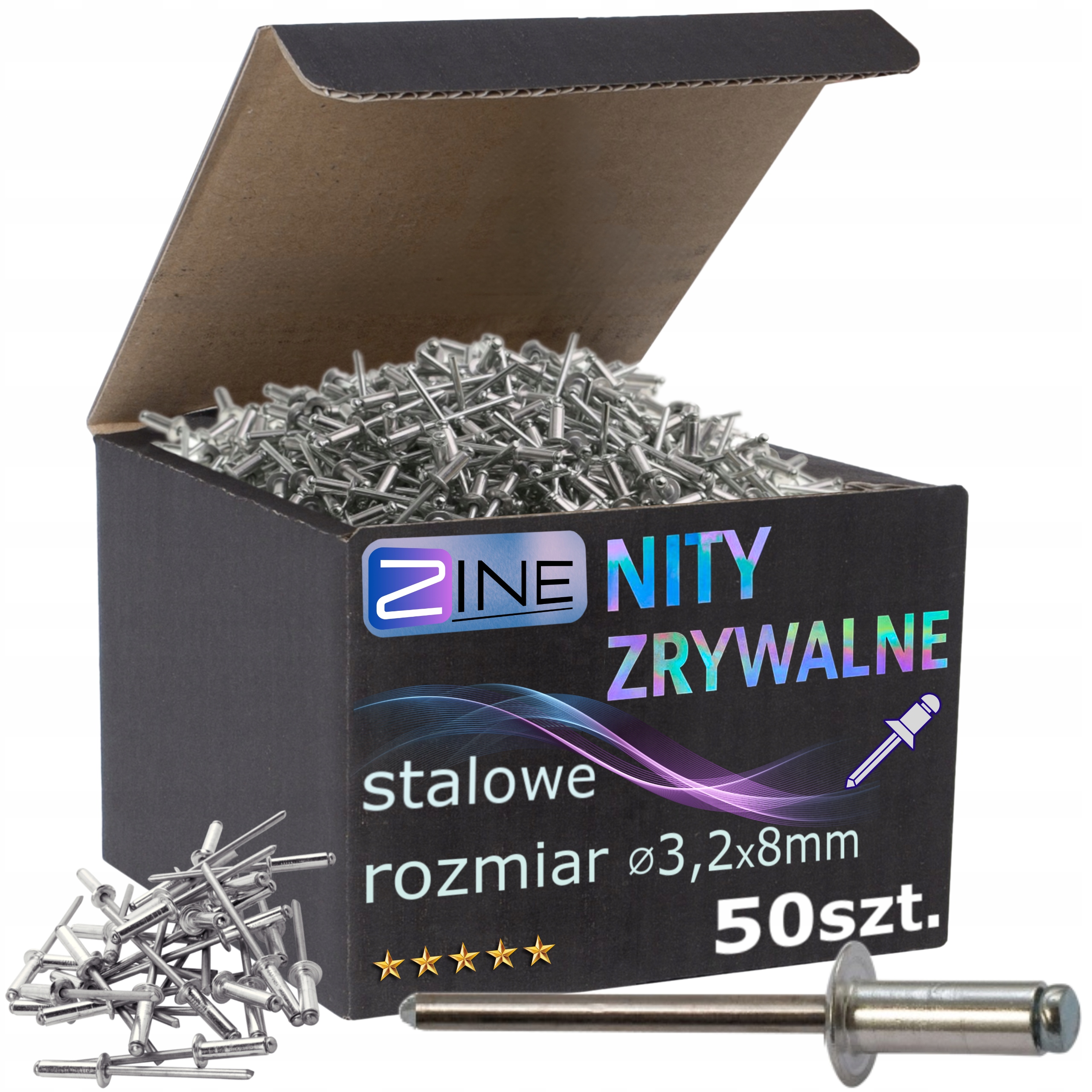 Nity Zrywalne Stalowo Stalowe 3.2x8mm Zestaw Nitów Stal/Stal Zine 50 sztuk