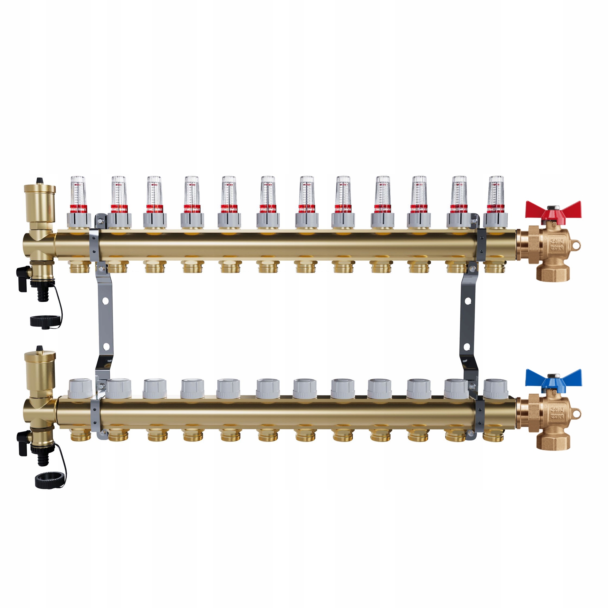 Rozdělovač pro podlahové vytápění – 12 okruhů úhlové kulové ventily
