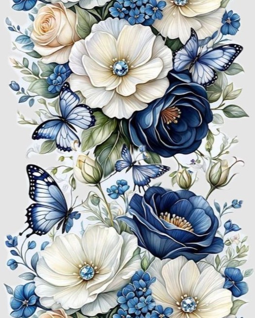 Diamond Painting Modré Květiny Bílá Kytice Motýl Barevný XXL 80x100 cm