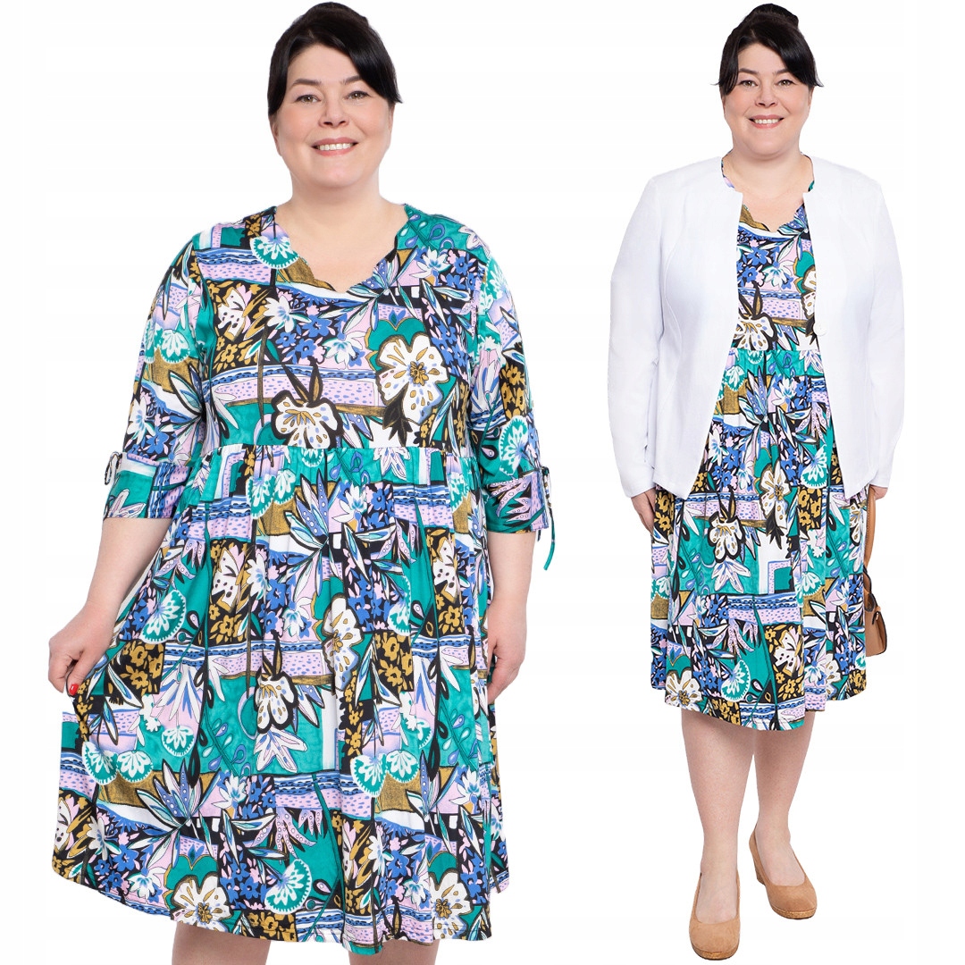 Tyrkysová šaty s barevným vzorem 54/56