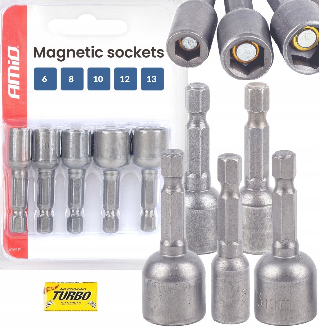 Zestaw nasadek magnetycznych 5 rozmiarów 6mm 8mm 10mm 12mm 13mm AMIO-04937