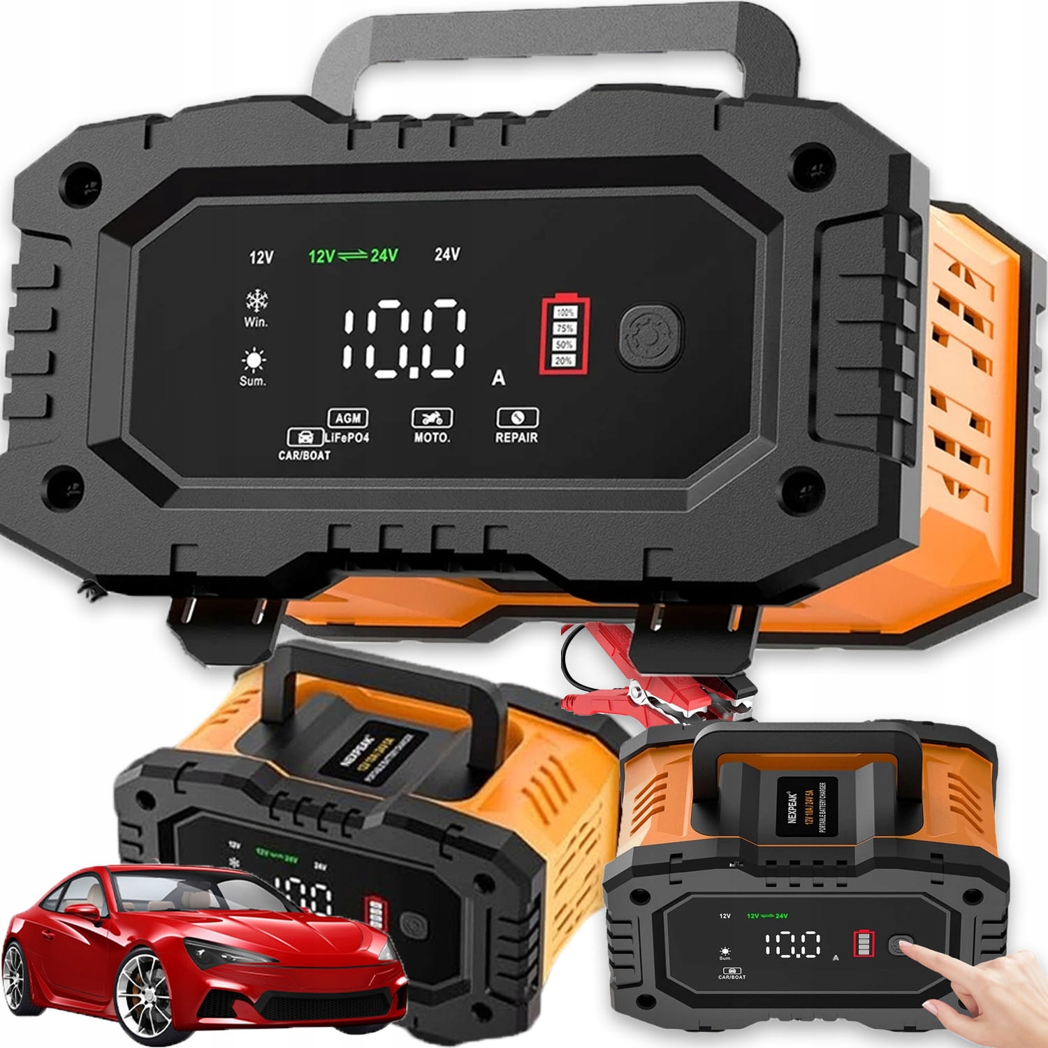 Nabíječka Akumulátorů 12V 24V LIFEP04 Olověná LCD Obrazovka 8 Fází Nabíjení
