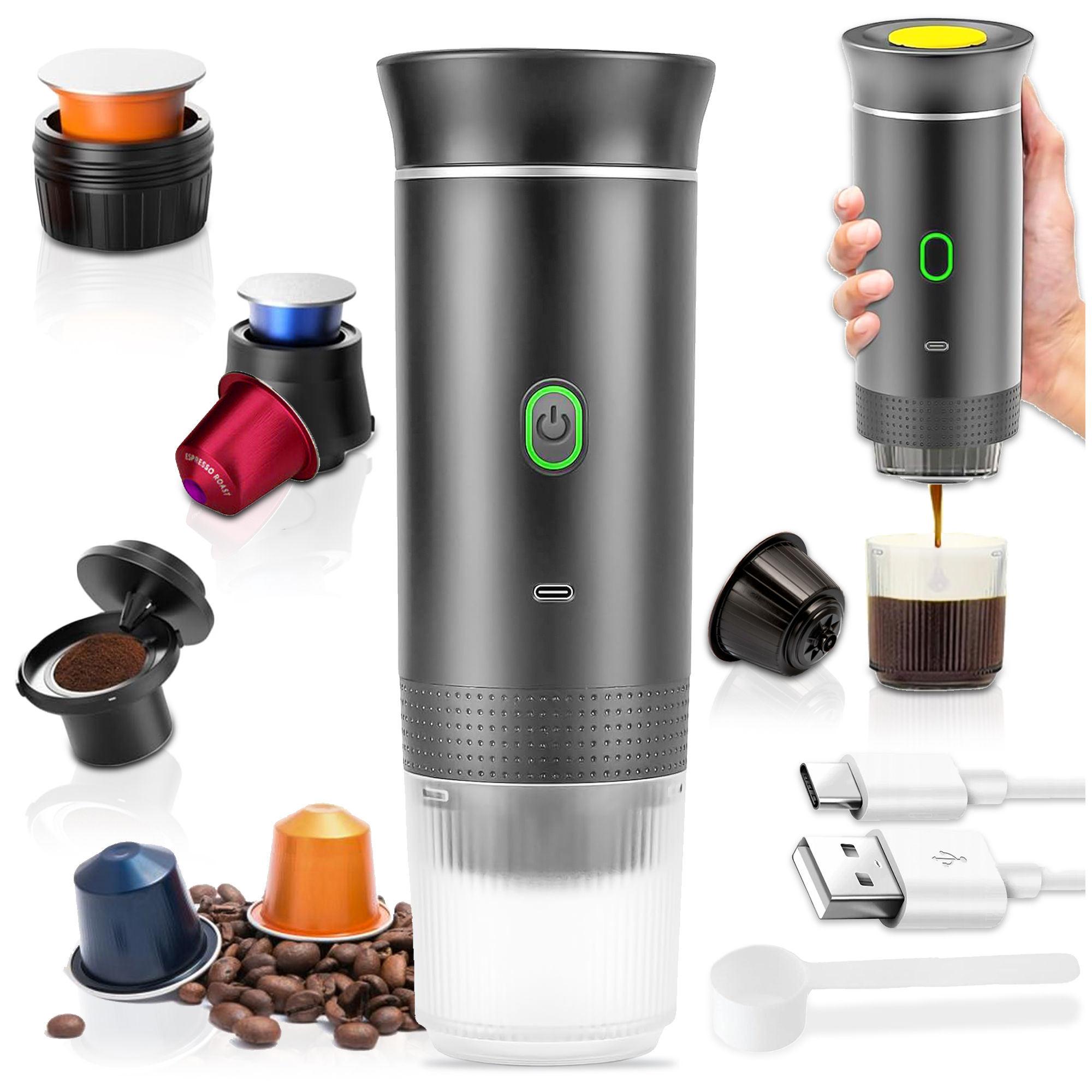 Přenosný Turistický Tlakový Kávovar Kapsle 3v1 Mletý