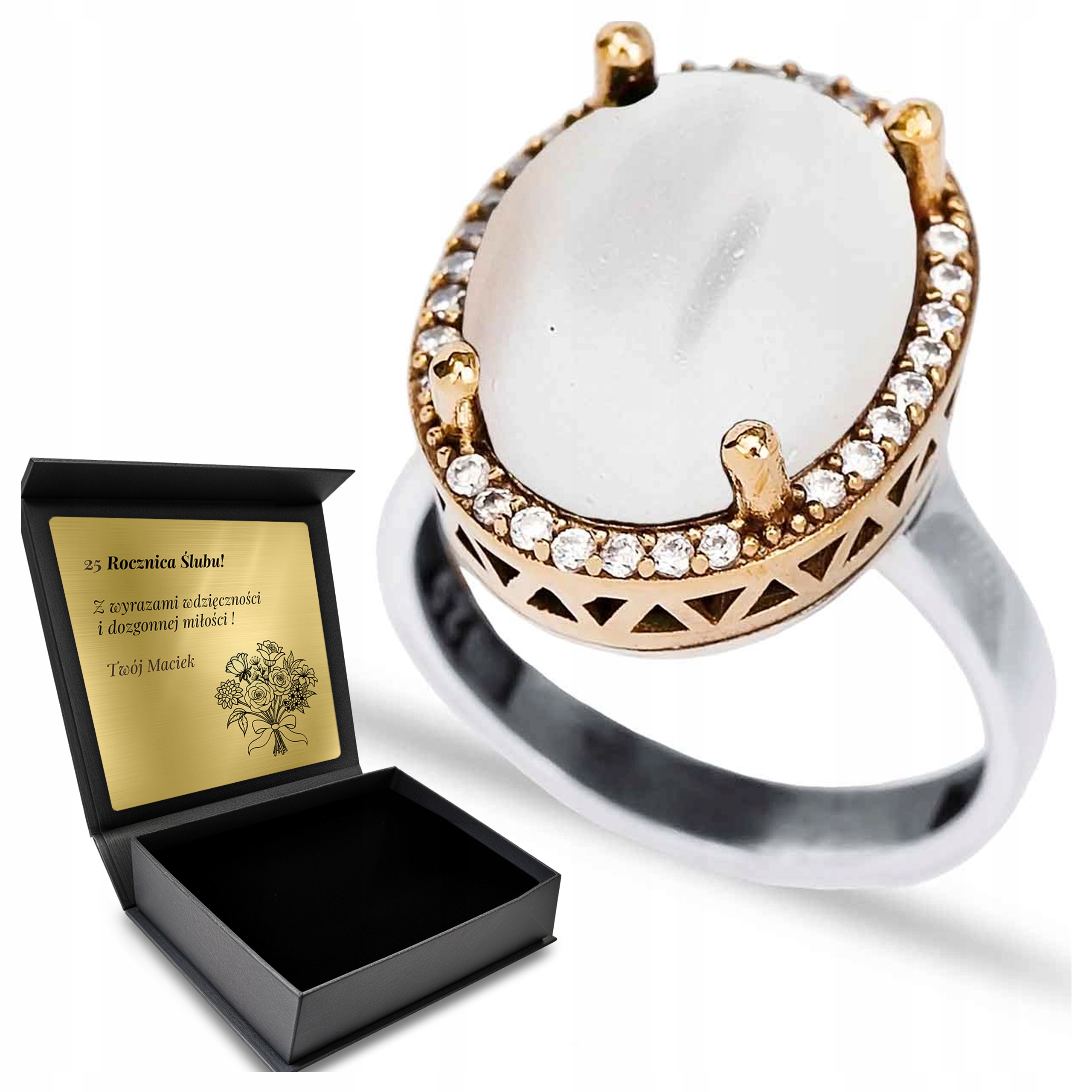 Prstýnek 925 S Zirkony A Perlou Dárek pro ženu Gravírování