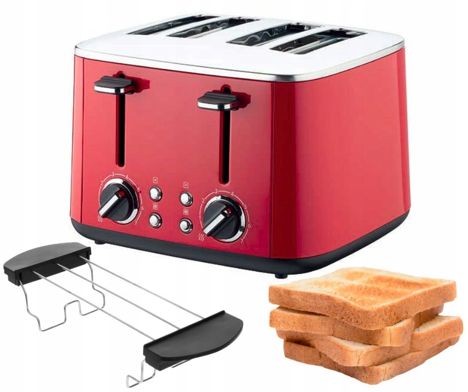 Toster Opiekacz Elektryczny Tradycyjny Retro Quigg Czerwony 4 Tosty 1600W