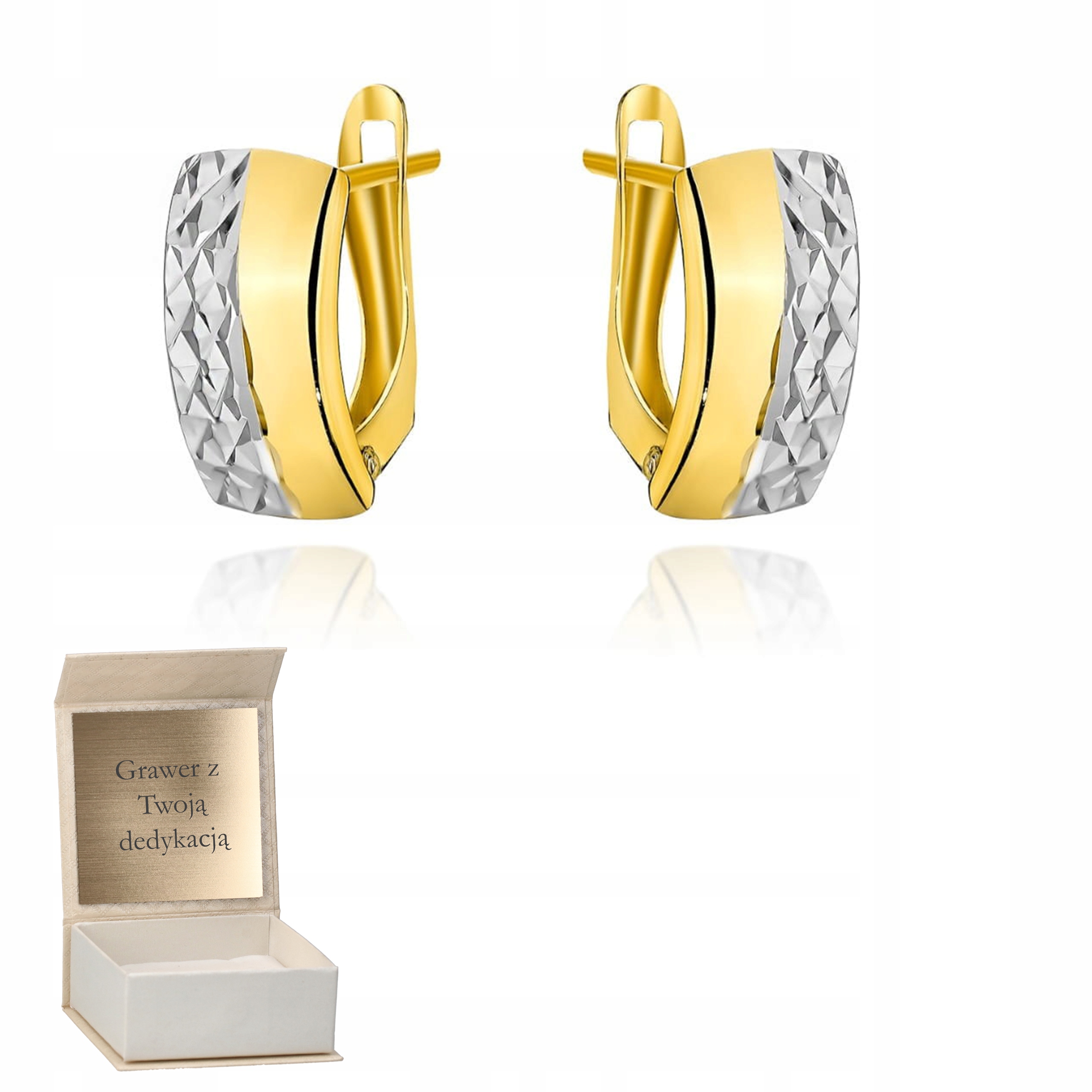 Zlaté náušnice s diamantováním v bílém zlatě, zapínání pr. 585 Gravírování